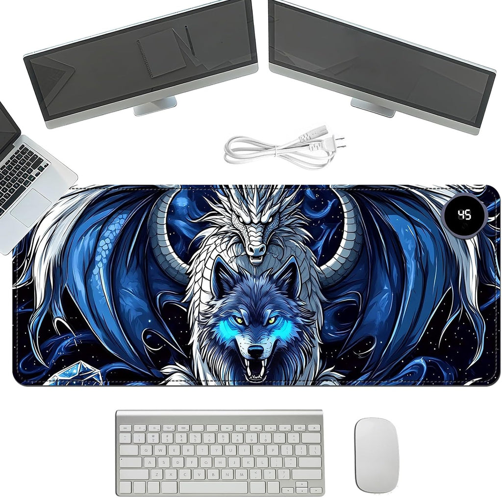 Heated Mouse Pad with 3 Temperature Settings(104°F–122°F),Large 31.5x13 Inch PU Leather Heated Desk Mat,Waterproof Warming Pad for Office,Gaming & Cold Hands Relief,Dragon and Wolf
