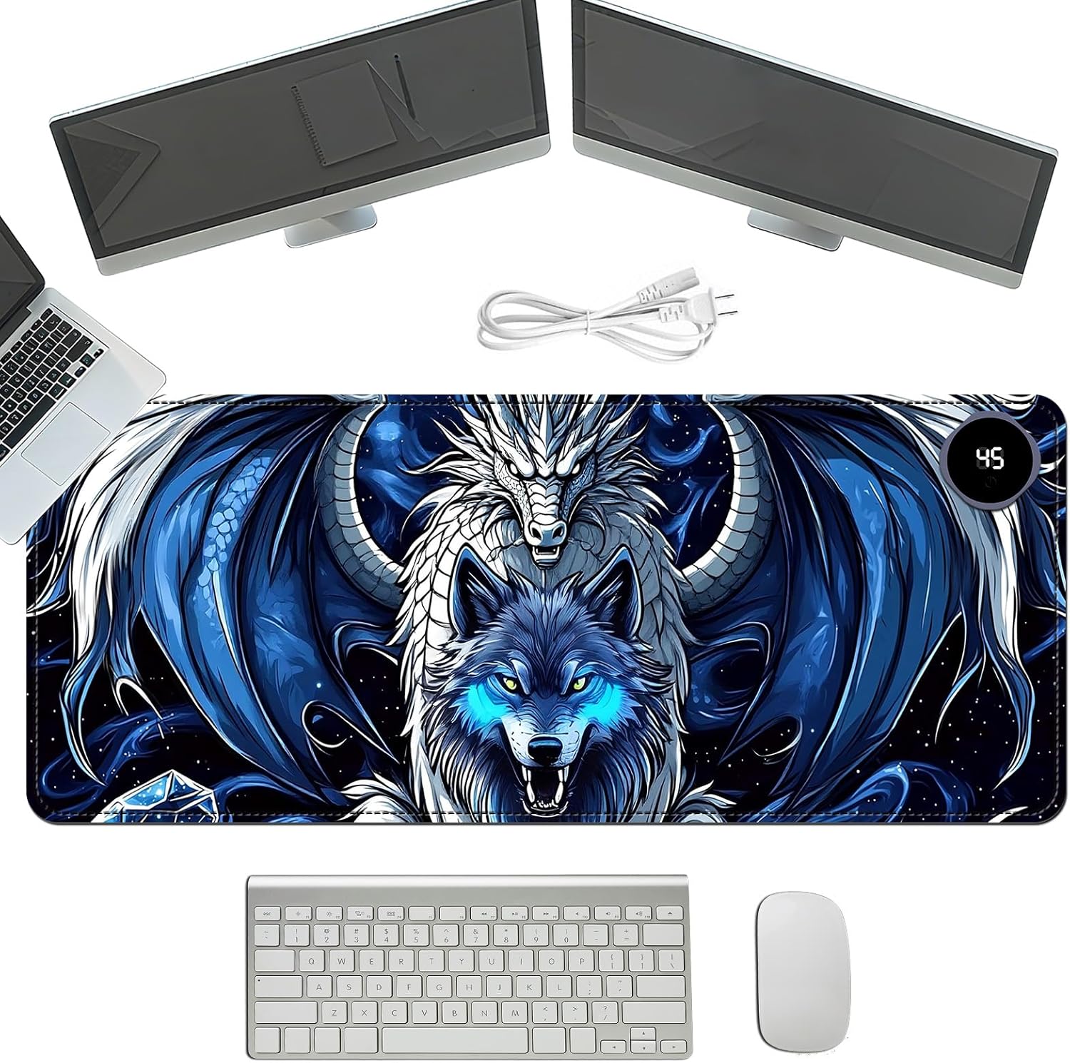 Heated Mouse Pad with 3 Temperature Settings(104°F–122°F),Large 31.5x13 Inch PU Leather Heated Desk Mat,Waterproof Warming Pad for Office,Gaming & Cold Hands Relief,Dragon and Wolf