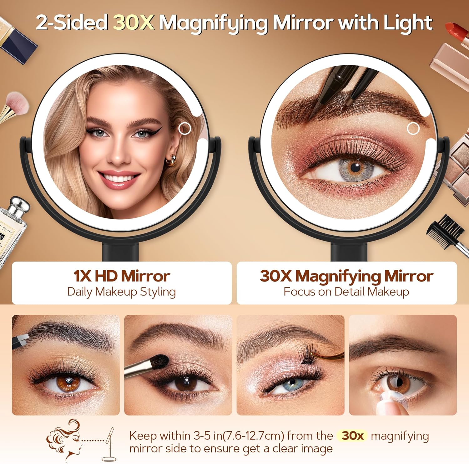 B Beauty Planet Makeup Mirror with Lights, Lighted Magnifying Mirror 30X with 3 Lighting and Adjustable Brightness, 2-Sided Height Adjustable Vanity Mirror for Bathroom, Gifts for Women Black