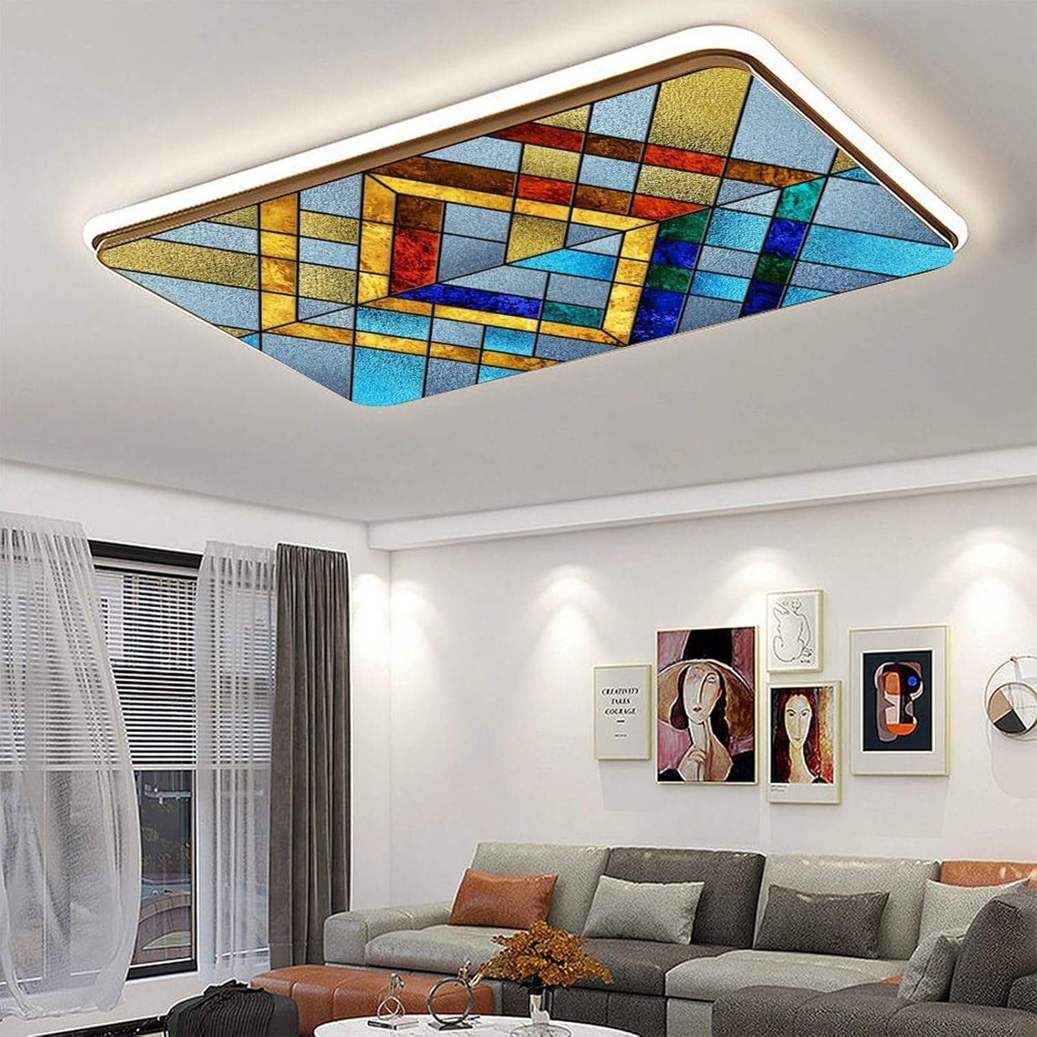 2PCS Fluorescent Light Cover for Ceiling Light Classroom-Stained Glass Patten Magnetic Light Cover Shade Panel,Decorative Film Filter for Reducing Harsh Glare Flicker Home School Office Decorations