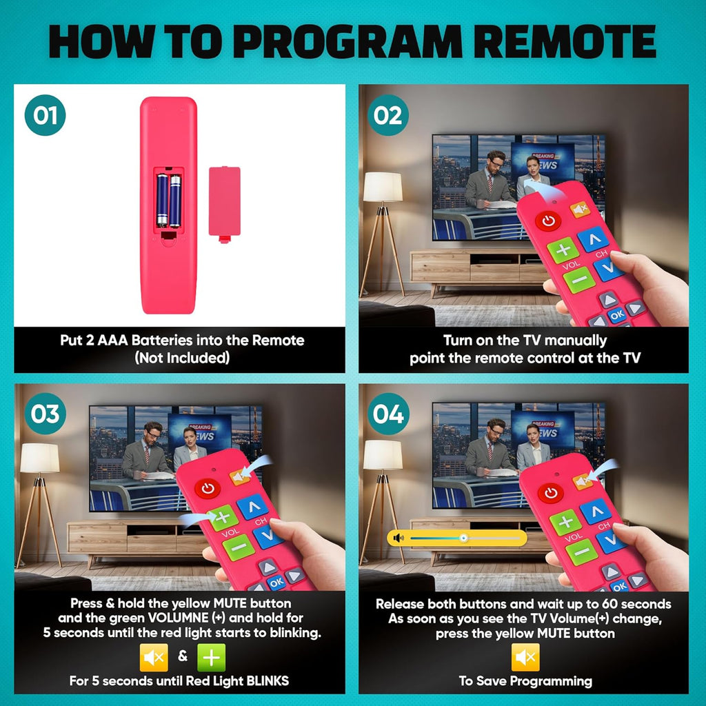 Plus Big Button Universal TV Remote (Pink) Simple Easy to Use, Works with Major TV Brands (2xAAA Batteries Not Included)
