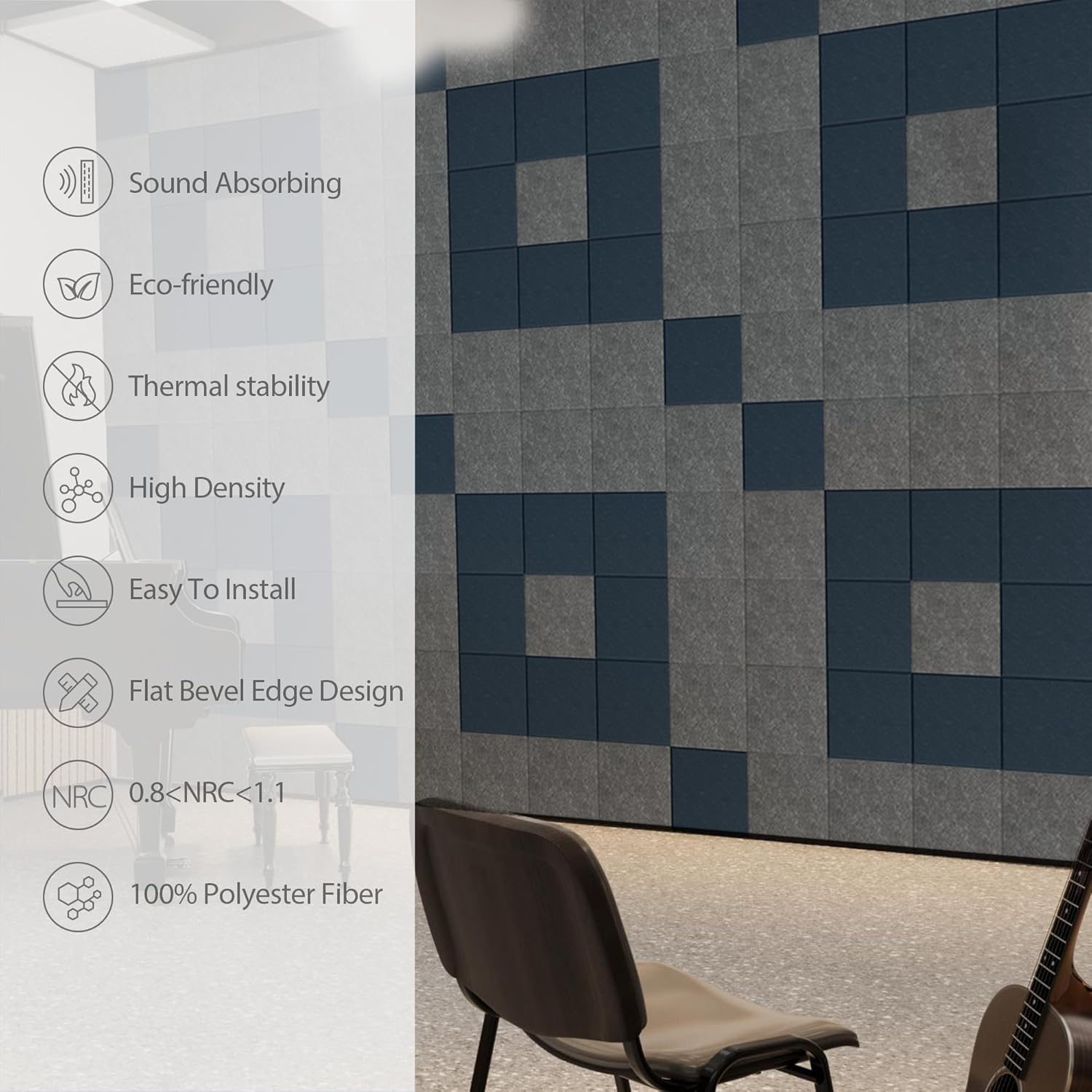 12 Pack Acoustic Panels Self Adhesive Sound Proof Foam, High Density Sound Acoustic Panel, 12X12X0.4 Inch Square Panels in Home, Office, Reccording Room, Studio,and more(Moonlight Grey)