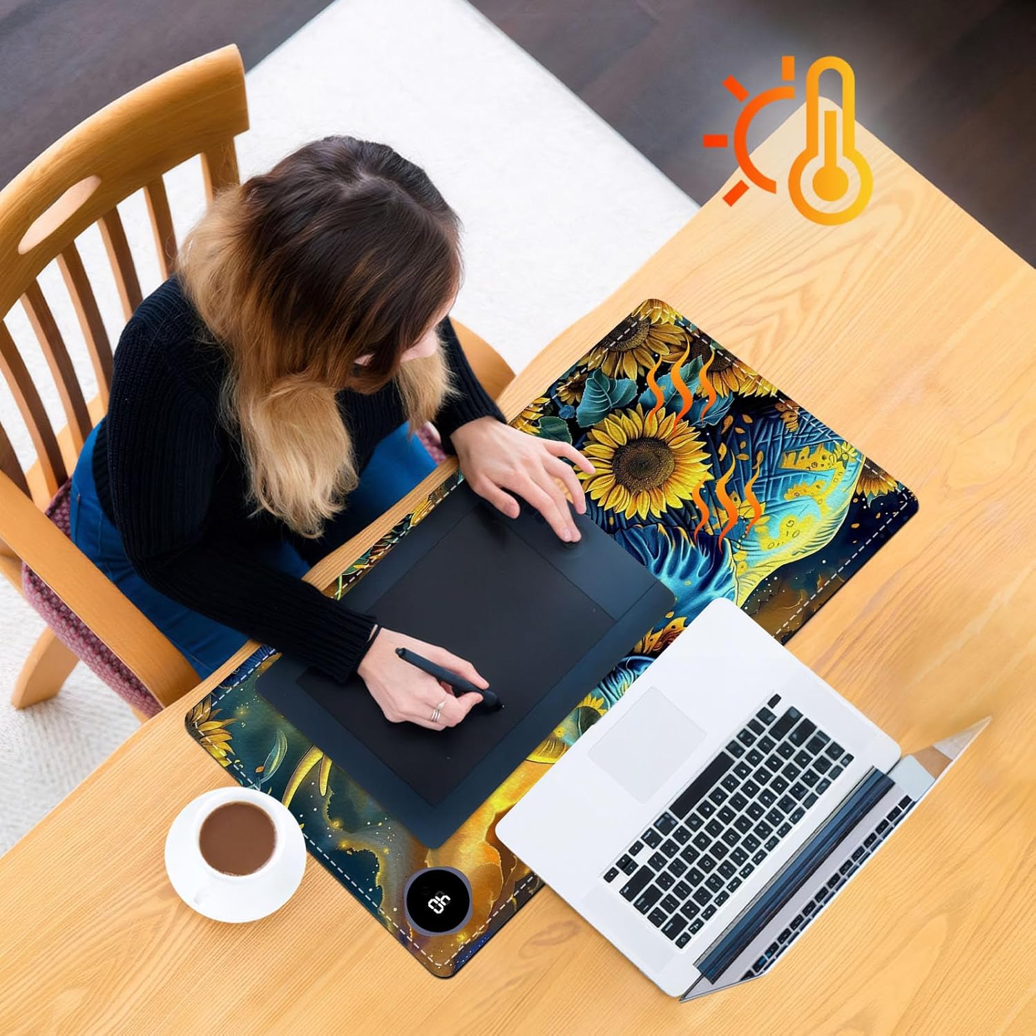 Heated Mouse Pad, Warm Desk Pad, Keyboard Mat 23.6 x 14 Inch Large Size Intelligent Fast Heating, 3 Speed Adjustable, Timed Auto Power Off for Game Office Home, Elephant in Sunflower Field