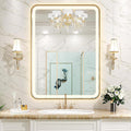 Rectangle LED Bathroom Mirror, 32"x20" Anti-Fog Double Touch Lighted Wall Vanity Mirror 45° Beveled Metal Frame Stepless Adjustable Color Temperature Smart Mirror 3000K-6000K, Gold