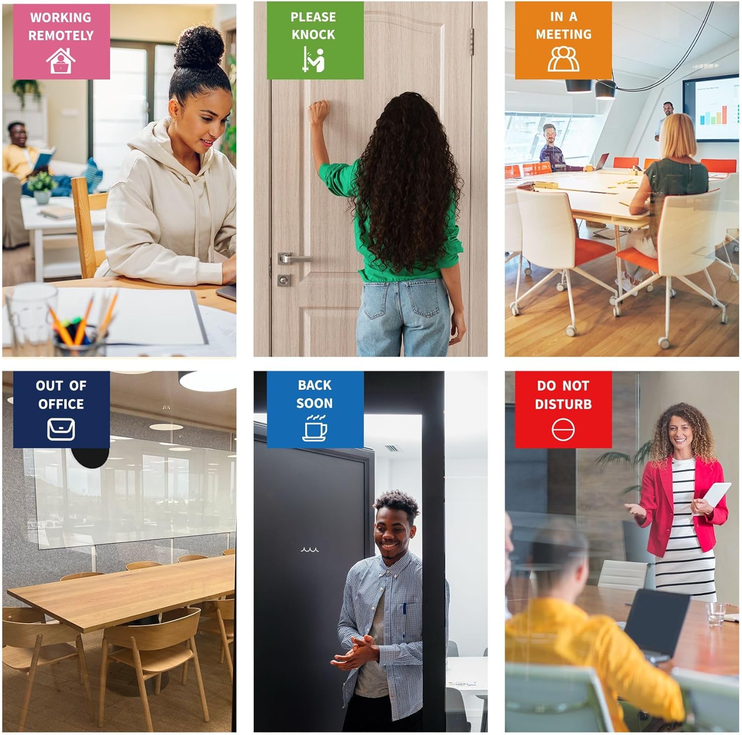 Office Door Signs 6 Options Do Not Disturb, Please Knock, In A Meeting, Out Of Office, Working Remotely Back Soon Privacy Door Slider Sign For Meeting & Conference Room Frosted Silver