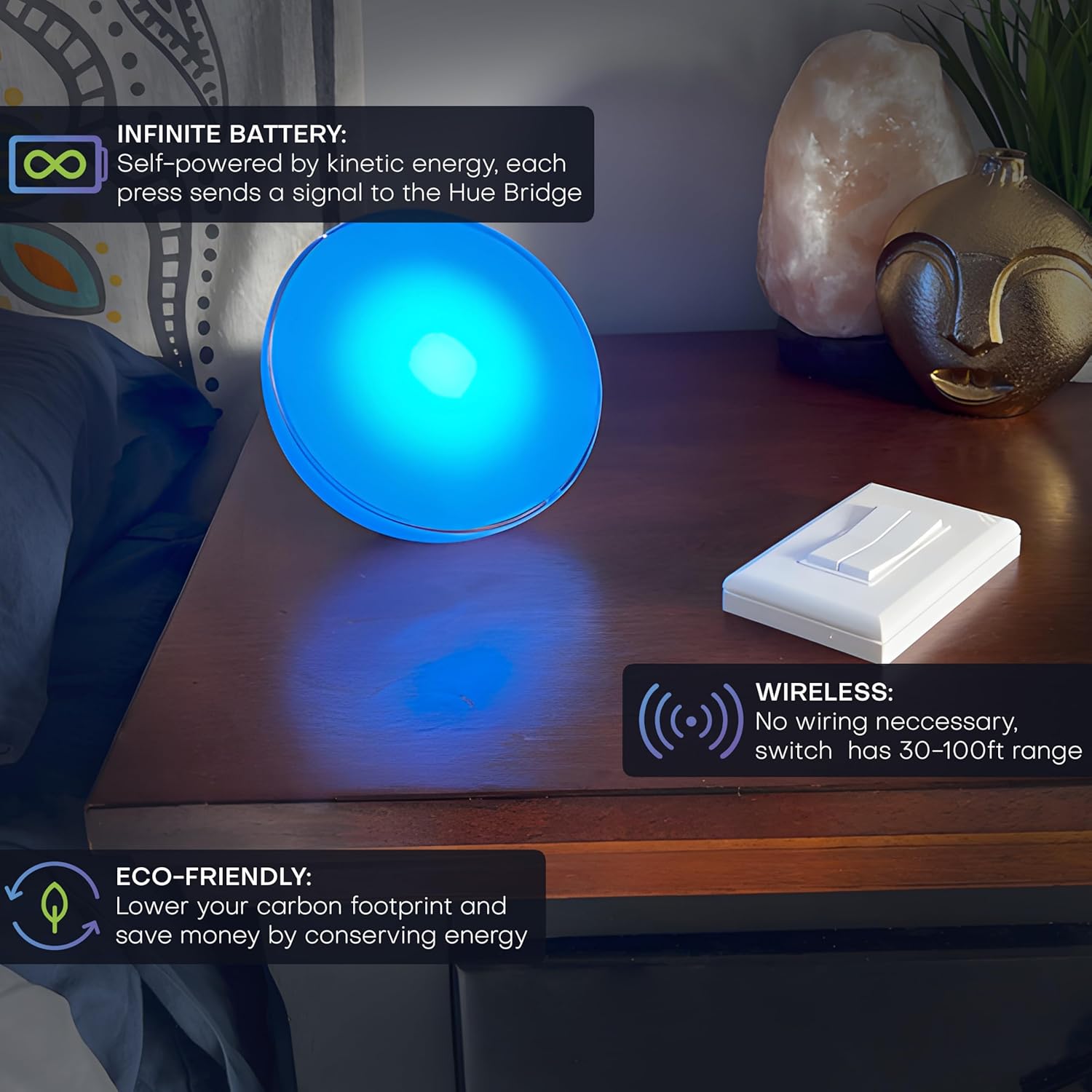 RunLessWire Click for Philips Hue – Battery-Free Wireless Smart Light Switch, 30ft Range – Works Natively with Philips Hue Bridge – Wall Mount Kinetic Switch - Decora Style, Black