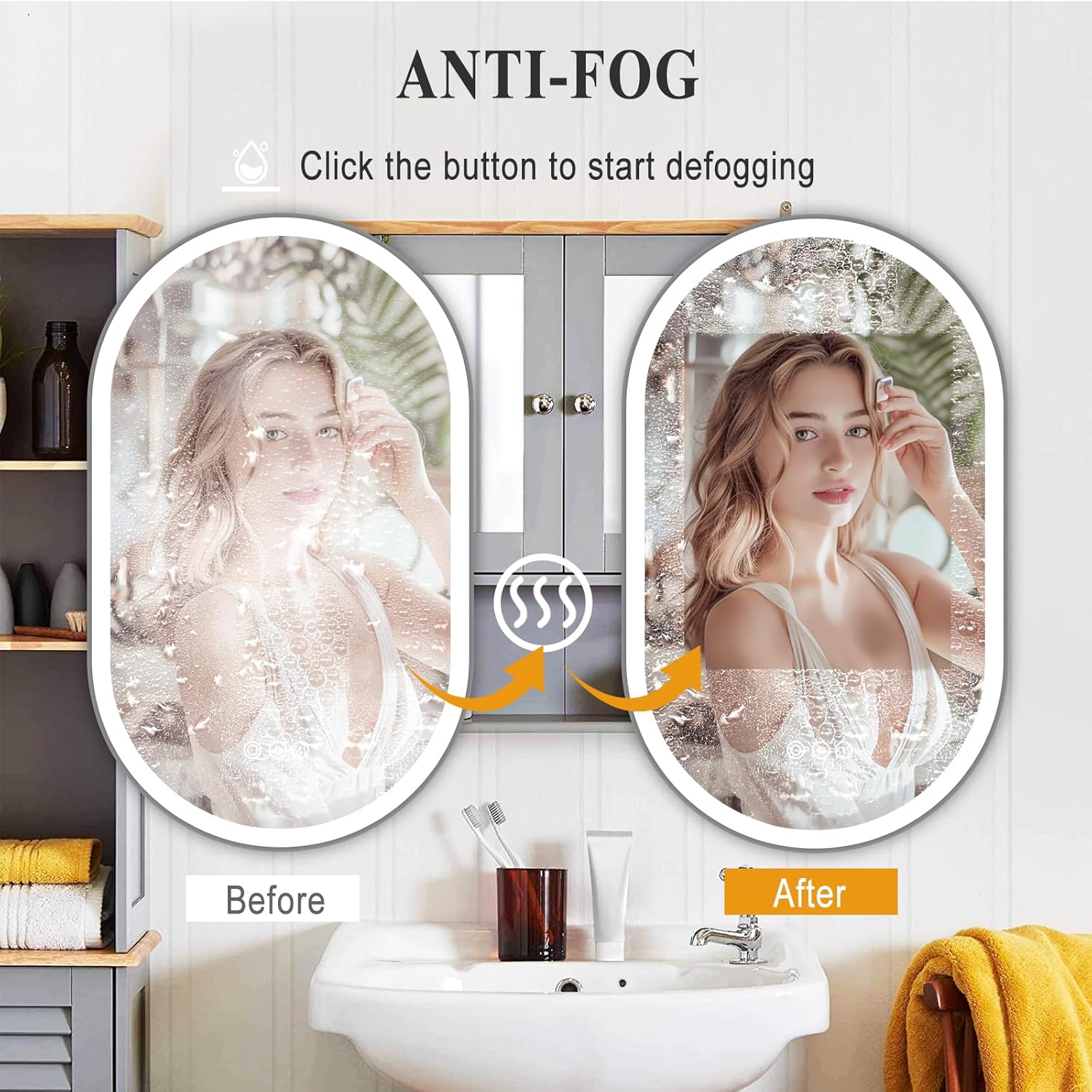 LED Mirror for Bathroom, 24x40 Inch Vanity Mirror with Lights，Anti-Fog Oval Bathroom Mirror, 3 Colors and Stepless Dimmable Wall Mounted Makeup Mirror with Metal Frame (Silver)