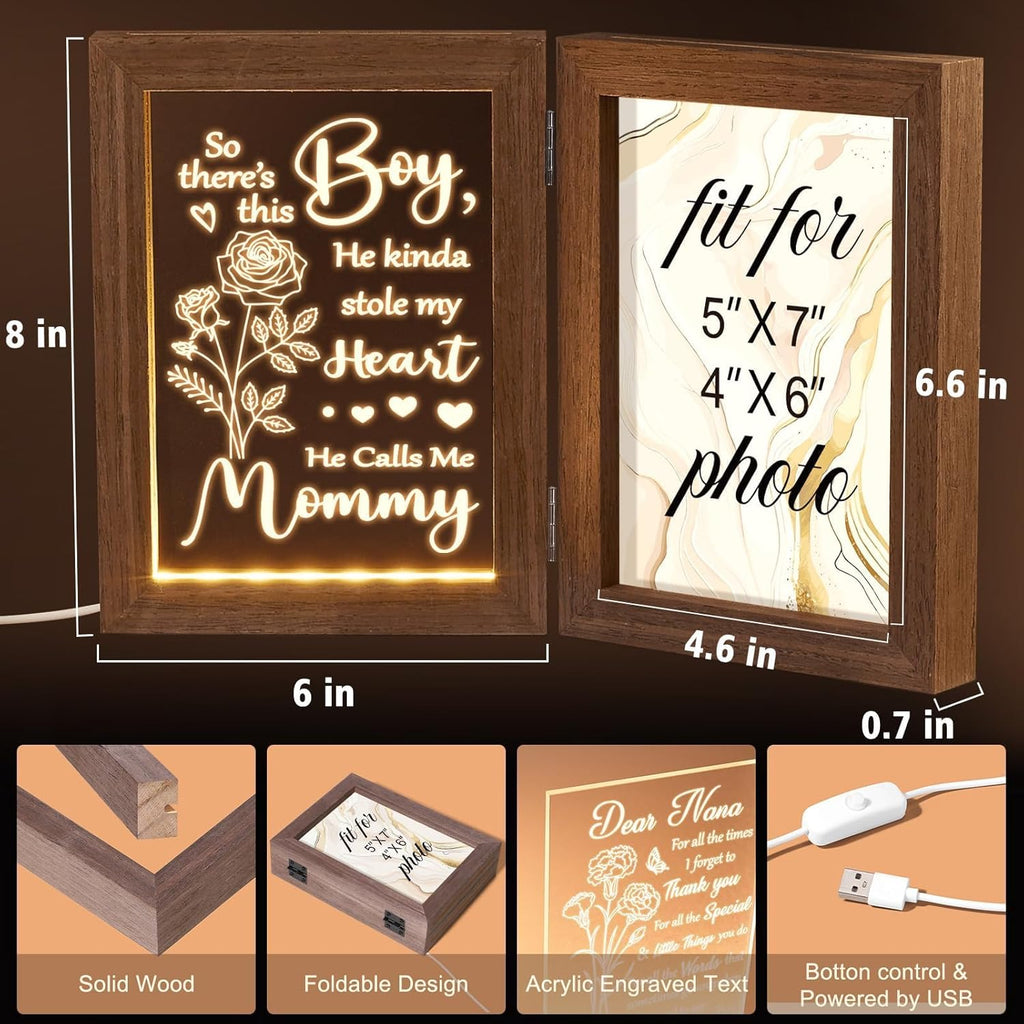 Christmas Gifts for Mom from Daughter Son Kids, Mom Gifts Engraved Night Light with 5x7 Mother Picture Frame Solid Wood, New Mama Gift Mommy Son Picture Frame Mother-in-Law Birthday Gift for Mama
