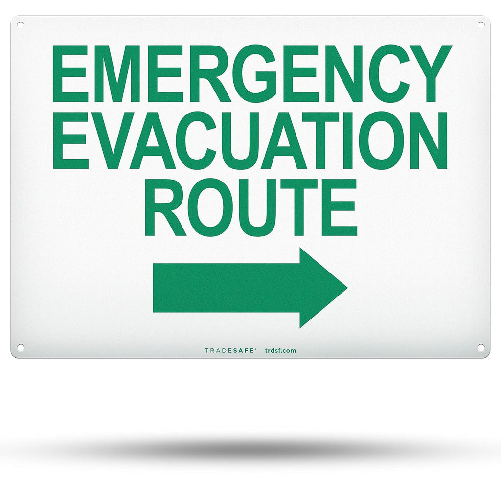 TRADESAFE Emergency Evacuation Route Arrow Right Sign – Wall Signs, Quick Install Aluminum Safety Sign, Light Reflective, UV-Resistant, Waterproof, 14” X 10” Signs for Business