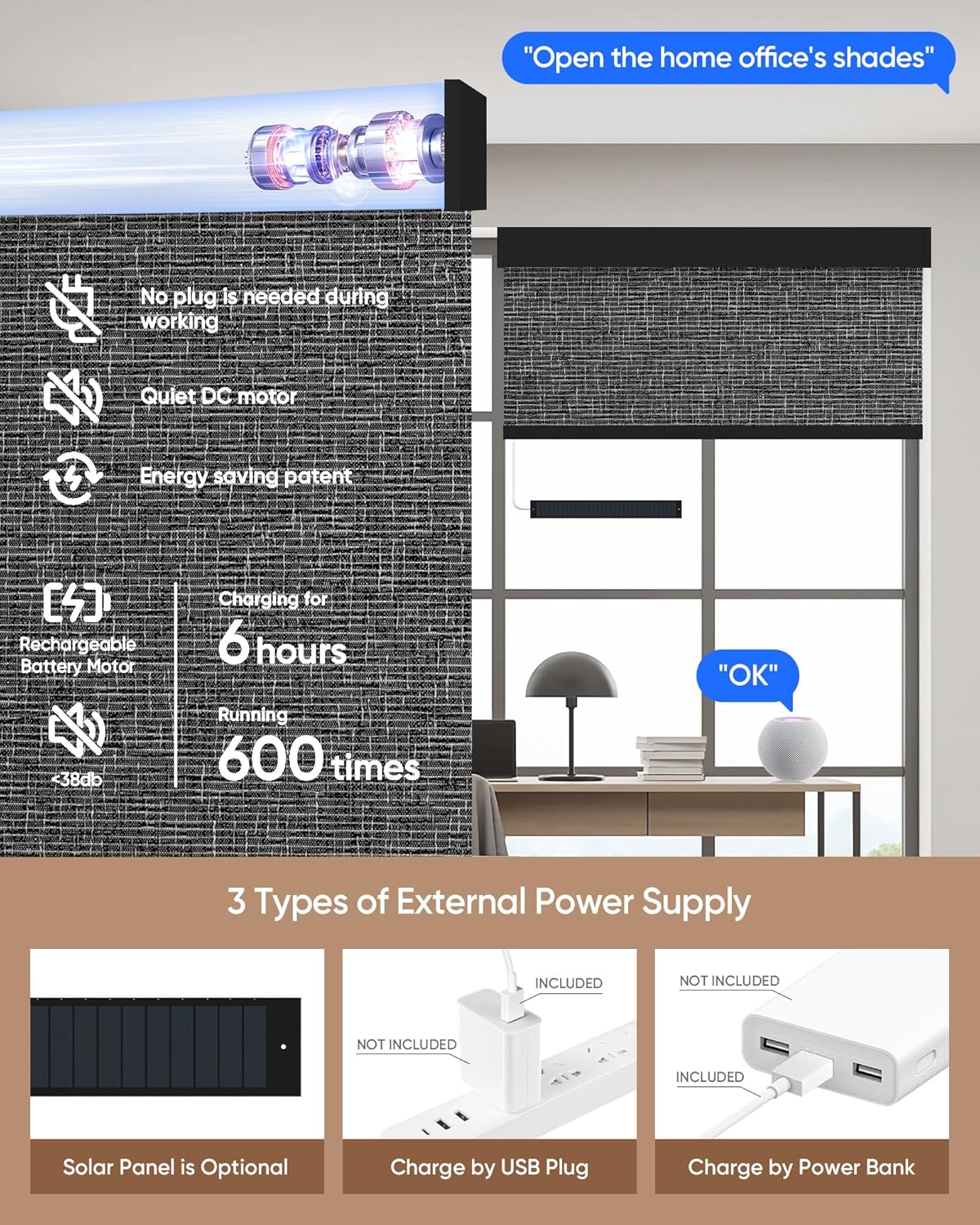 Kincmo Motorized Blinds with Remote,100% Blackout Motorized Roller Shades Work with Apple Homekit,Alexa,Google, Custom Electric Blinds with App,Voice Control (Classic Dark Grey)