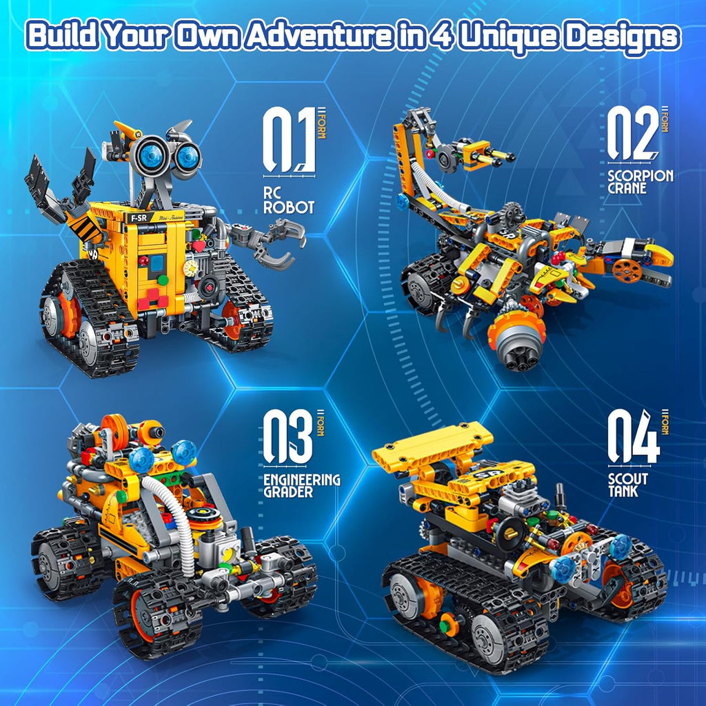Robot Building Kit for Kids and Adults, 4-in-1 Rechargeable RC Robotics Kit with Remote & App Control, STEM Coding Toys & Science Projects, Birthday Gifts for Boys Ages 8-12+ (588 Pcs)