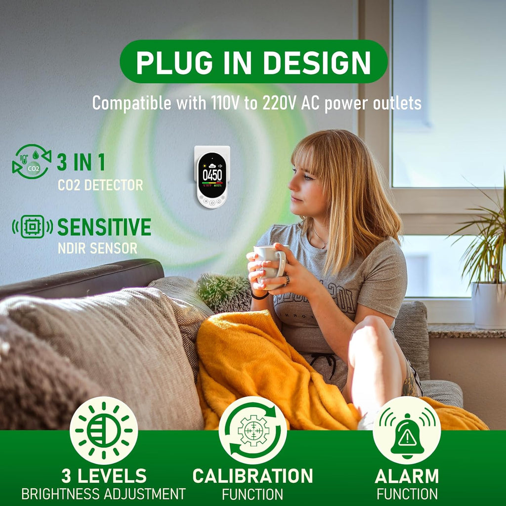 Upgraded Carbon Dioxide Detector Plug in Wall Design, 3 in 1 CO2 Detector(Temp, Humidity and CO2 Value), High Accuracy CO2 Meter with Alarm Function and Manual Calibration for Home RV 2Pack