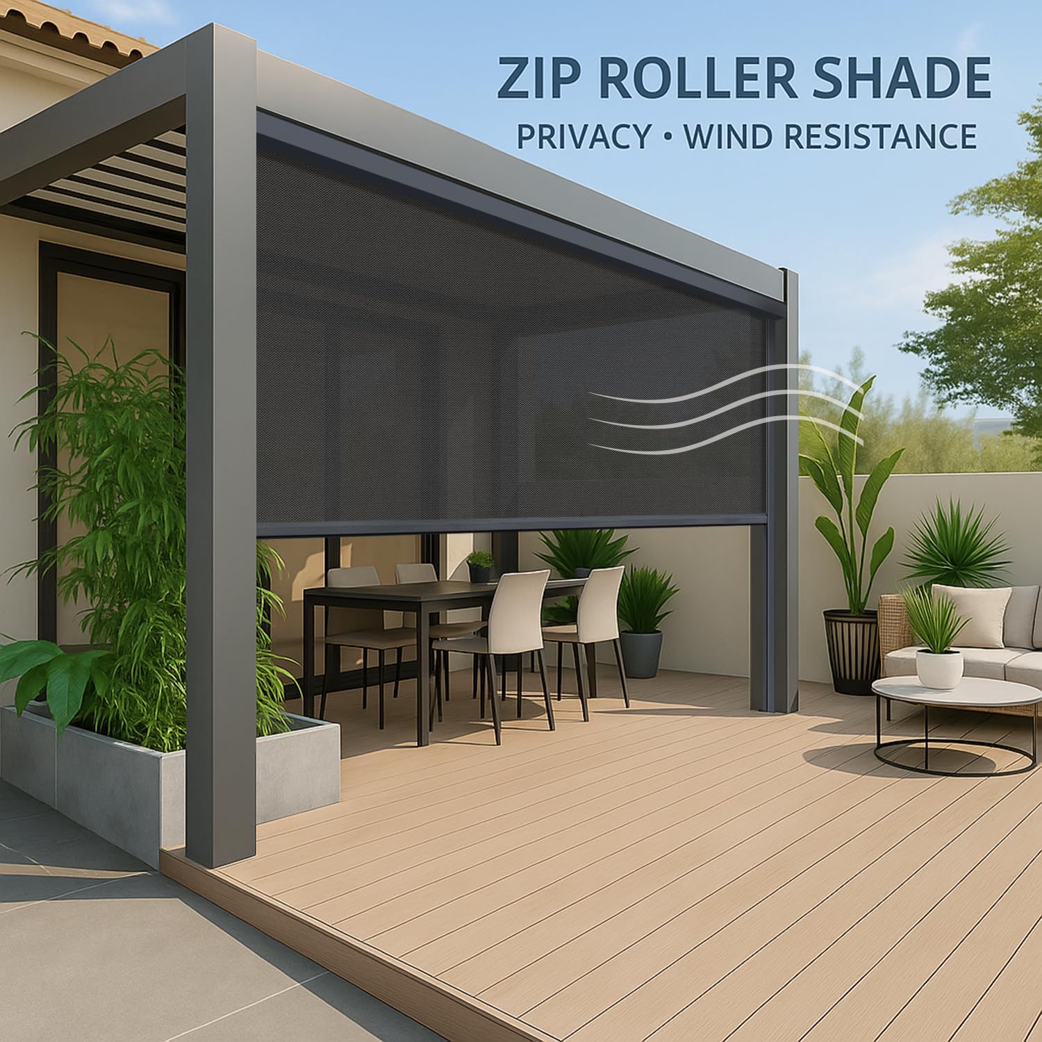 ZSHINE Hard-Wired Outdoor Snow Blocking Weatherproof Motorized Patio Roller Shades Remote Control for Porch Balcony Customized Size (Black Grey 5% Openness)