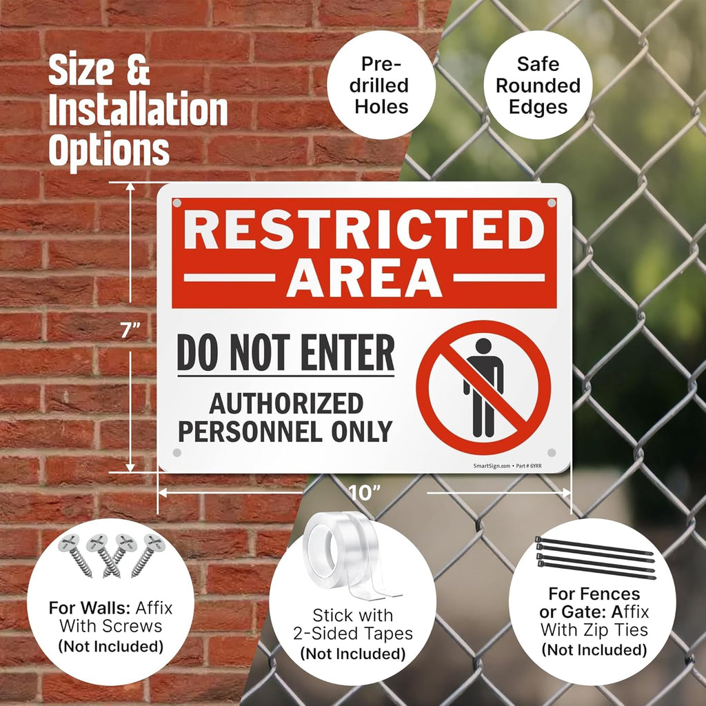 SmartSign 10 x 14 inch “Restricted Area - Do Not Enter, Authorized Personnel Only” OSHA Metal Sign, 40 mil Laminated Rustproof Aluminum, Red, Black and White, Made in USA