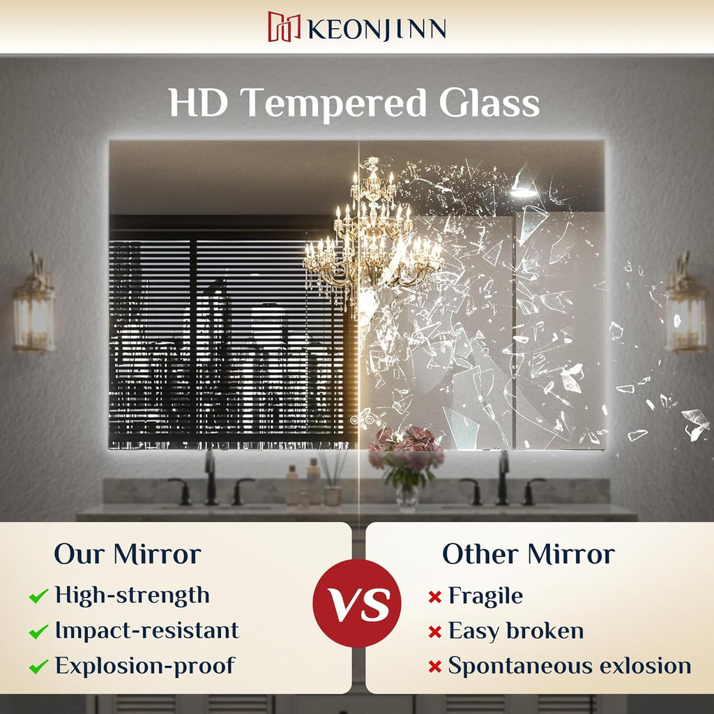 Keonjinn 55 x 30 Inch LED Bathroom Mirror with Backlit, Anti-Fog Vanity Mirror, CRI90+ HD Tempered Glass, Stepless Dimmable, High Lumen, UL Listed, IP44 Waterproof, Horizontal/Vertical
