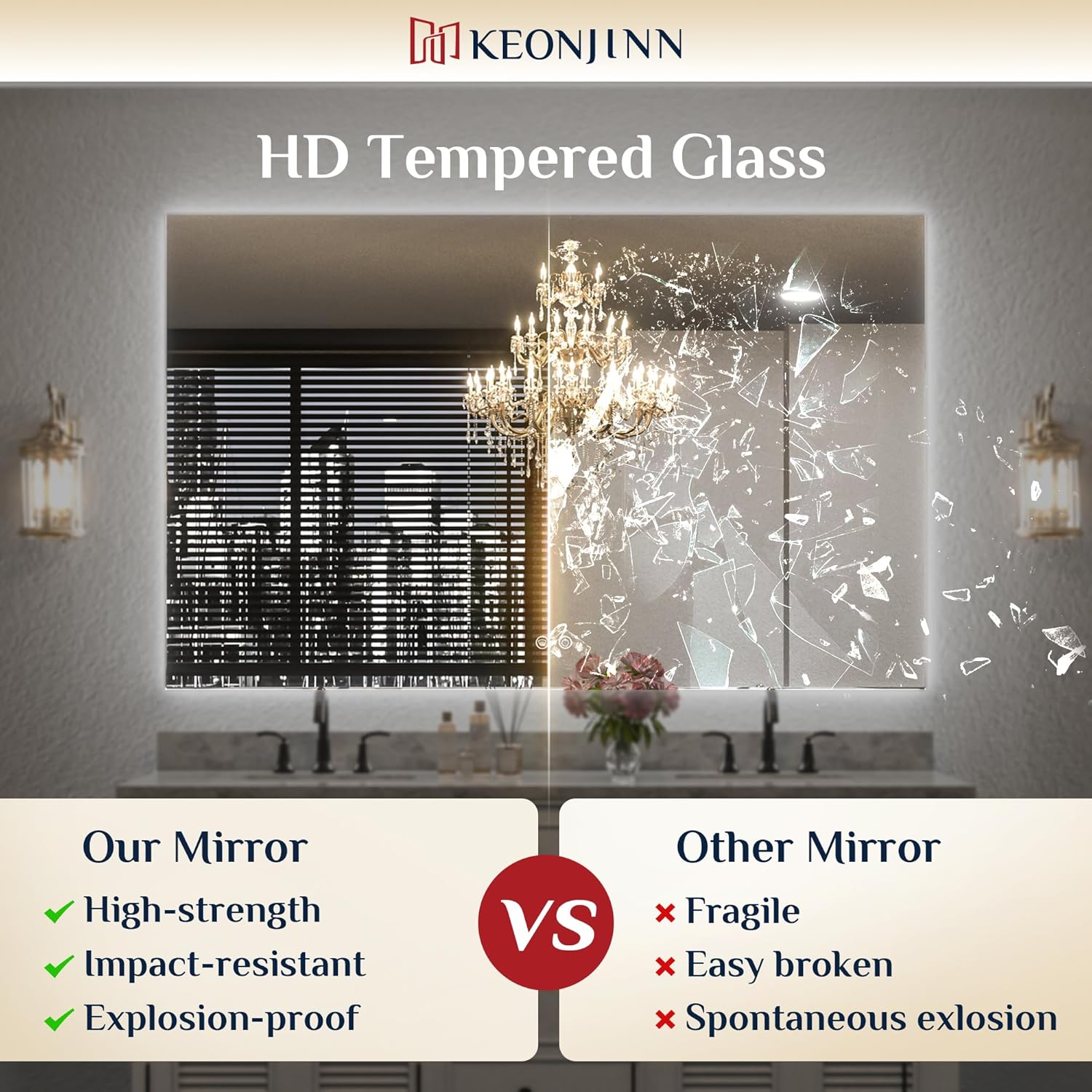 Keonjinn 55 x 30 Inch LED Bathroom Mirror with Backlit, Anti-Fog Vanity Mirror, CRI90+ HD Tempered Glass, Stepless Dimmable, High Lumen, UL Listed, IP44 Waterproof, Horizontal/Vertical
