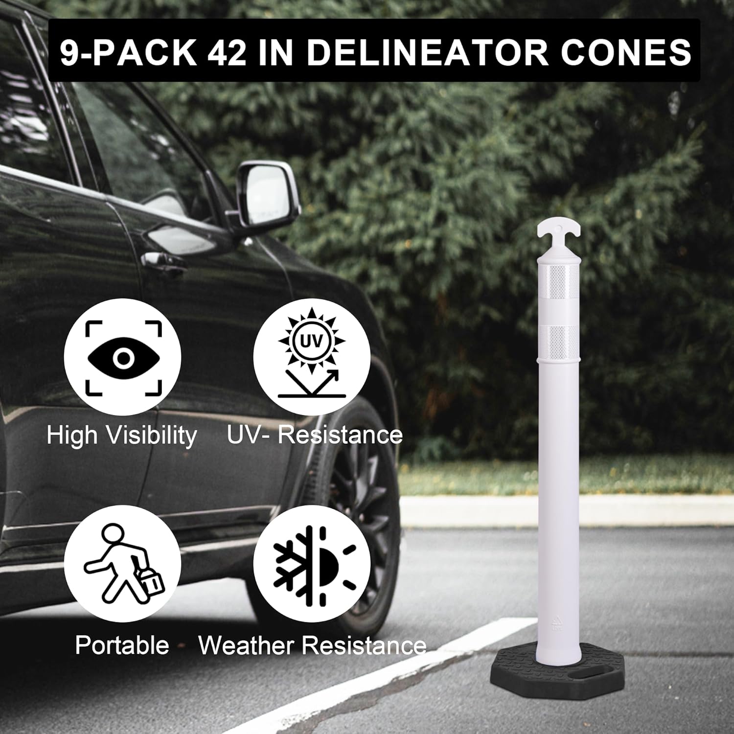 OrangeStar 9-Pack 42" Traffic Delineator Post Cones with Heavy Duty Rubber Base, White Safety Cones for Road, Parking Lot, Warehouse, Construction Zone Safety