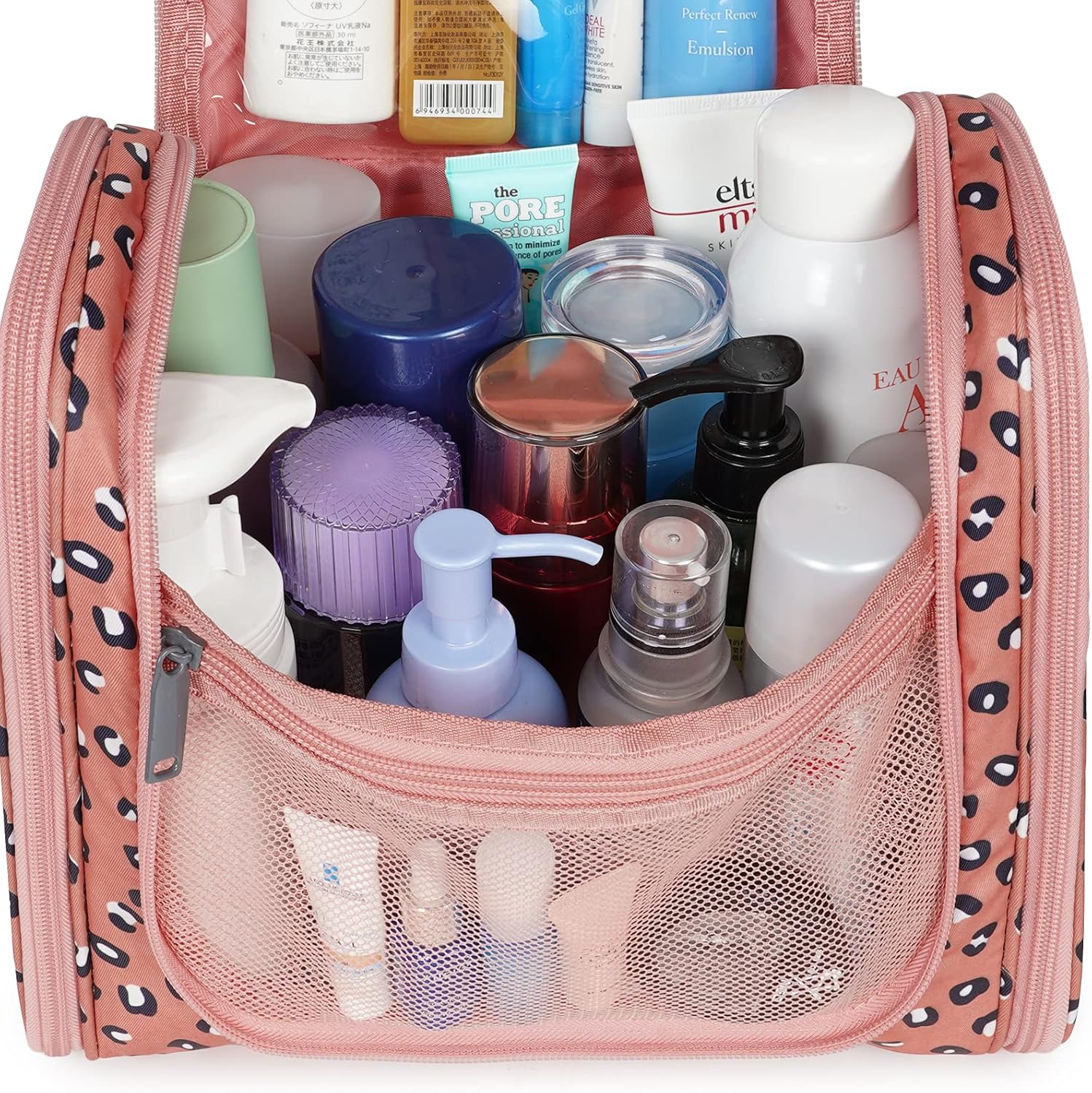 Narwey Hanging Cheetah Toiletry Bag for Women Travel Makeup Bag Organizer Toiletries Bag for Cosmetics Essentials Accessories (Large, Orange Leopard)