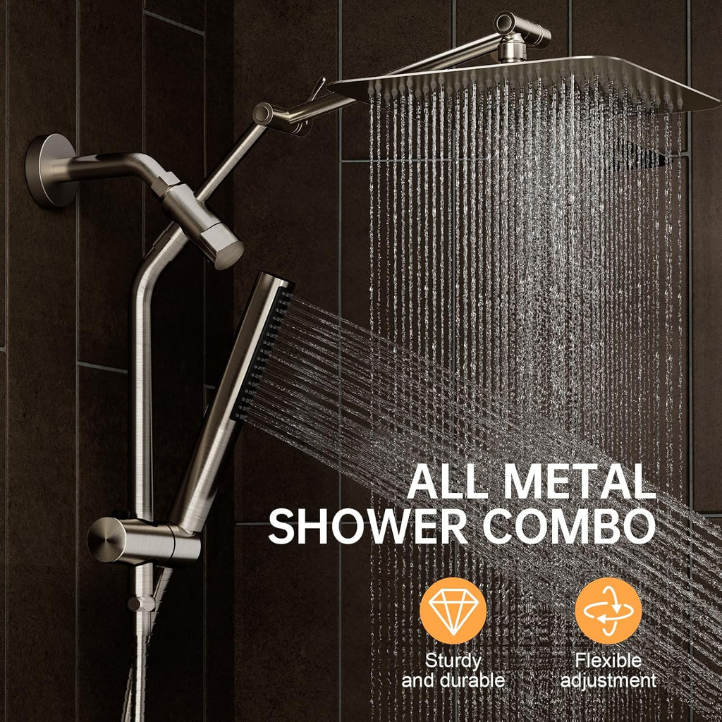 Veken 10" Luxurious Brushed Nickel All Metal Rain Shower Head with Handheld Spray Combo, High Pressure Rainfall Square Shower Heads with Extension Arm, Wide Dual Showerhead, Bathroom Accessories