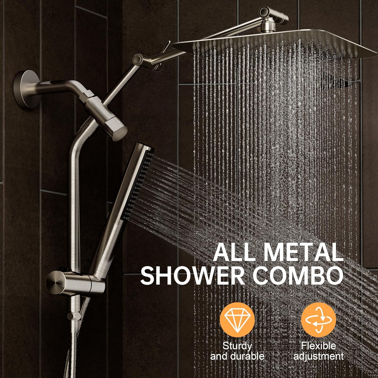 Veken 10" Luxurious Brushed Nickel All Metal Rain Shower Head with Handheld Spray Combo, High Pressure Rainfall Square Shower Heads with Extension Arm, Wide Dual Showerhead, Bathroom Accessories