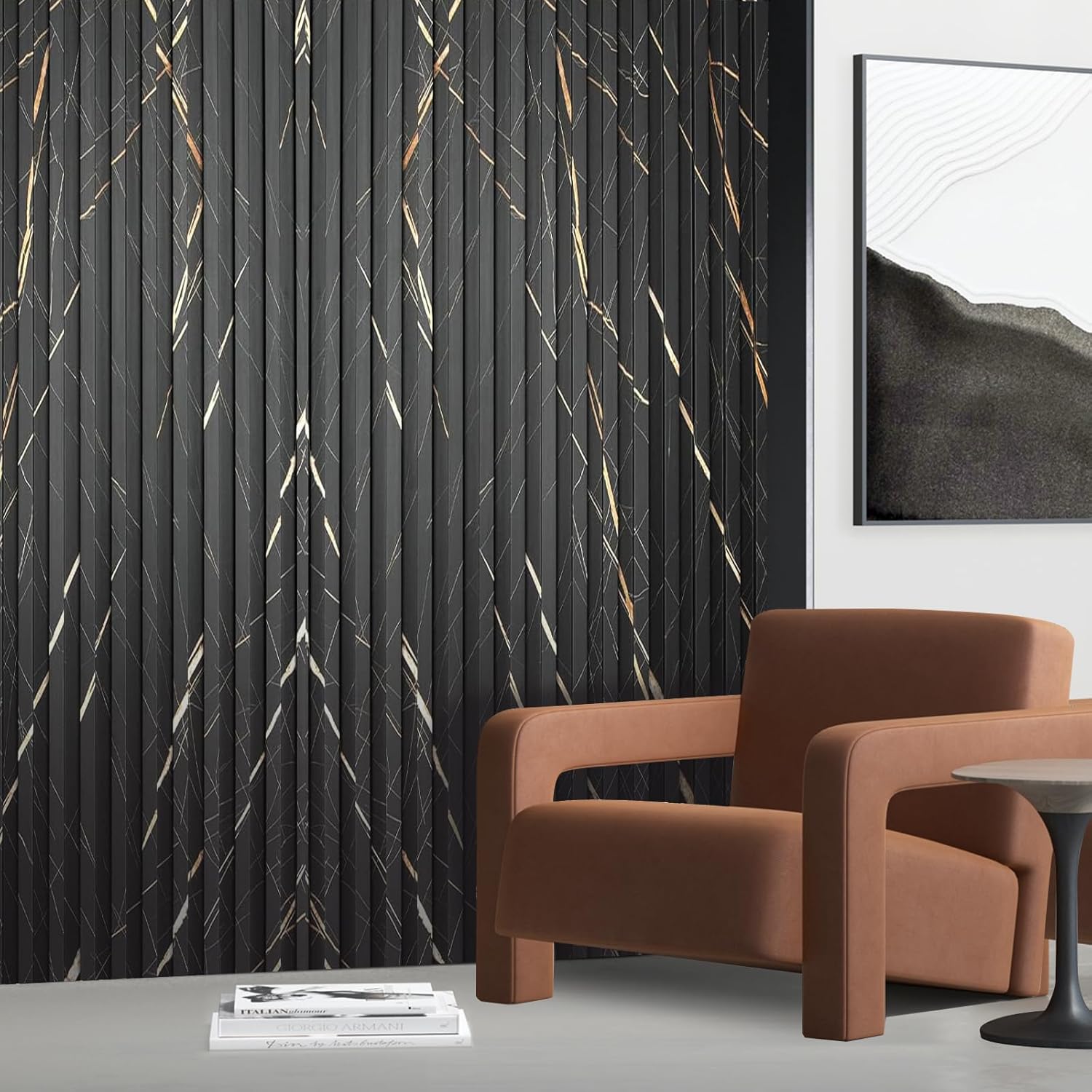 OUZUGIE WPC Acoustic Slat Wall Paneling, 8-Pack 96 x 6 Inches 3D Wall Panels for Interior Wall Decor,Living Room,TV Background,Study Room,Office Spaces,Bedroom,Low Grille (Black Marble)