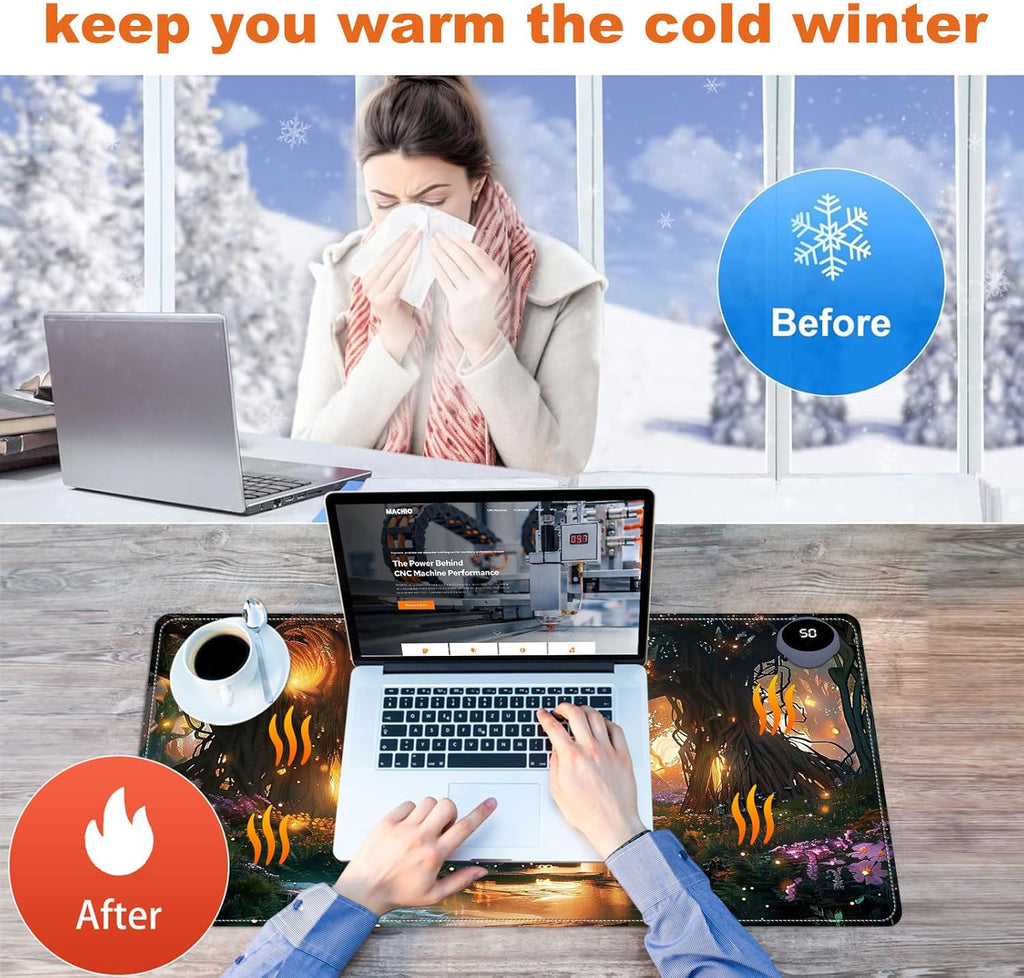 Small Heated Desk Pad 23.6" x 14.2" – Compact Electric Mouse Pad with 3 Heating Levels, Auto Shut-Off, Waterproof PU Surface, Plug-in Warmer for Office or Home Use, Glowing Forest