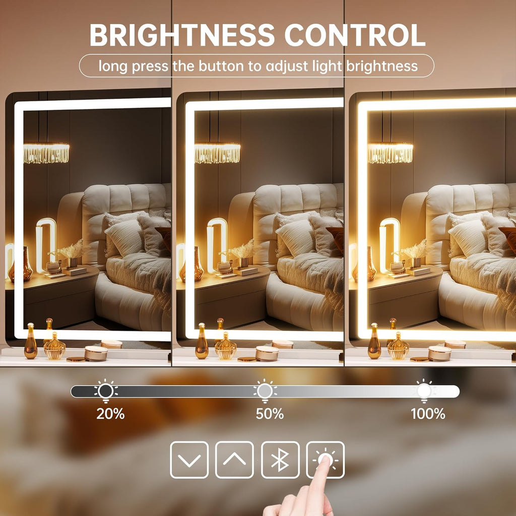 Hasipu Vanity Mirror with Lights and Bluetooth Speaker, 50.2" x 33.9" LED Makeup Mirror, Lighted Makeup Mirror with Dimmable 3 Modes, Touch Screen Control Vanity Mirror Round White