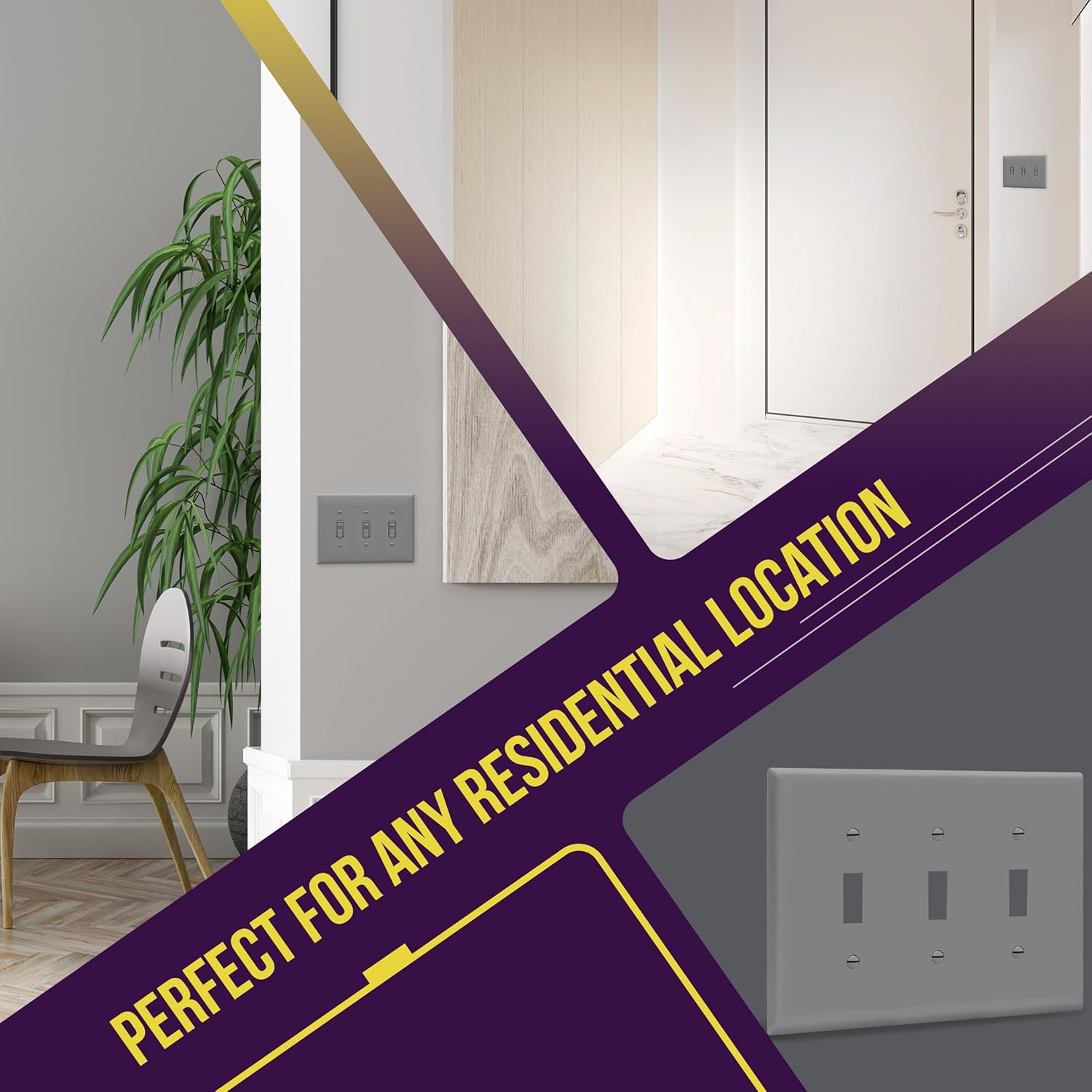ENERLITES Triple Light Switch Wall Plate, Toggle Switch Plate, 3-Gang Gloss Finish, Mid-Size 4.88" x 6.77", Unbreakable Polycarbonate Thermoplastic, UL Listed, 8813M-GY, Gray