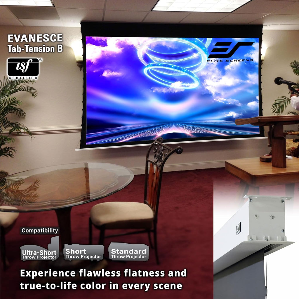 Elite Screens Evanesce Tab-Tension B, 92-inch 16:9, 4K / 8K HD, Recessed in-Ceiling Electric Tab Tensioned Projector Screen, Matte White Projection Screen Surface Programmed Remote Kit, ETB92HW3-E12