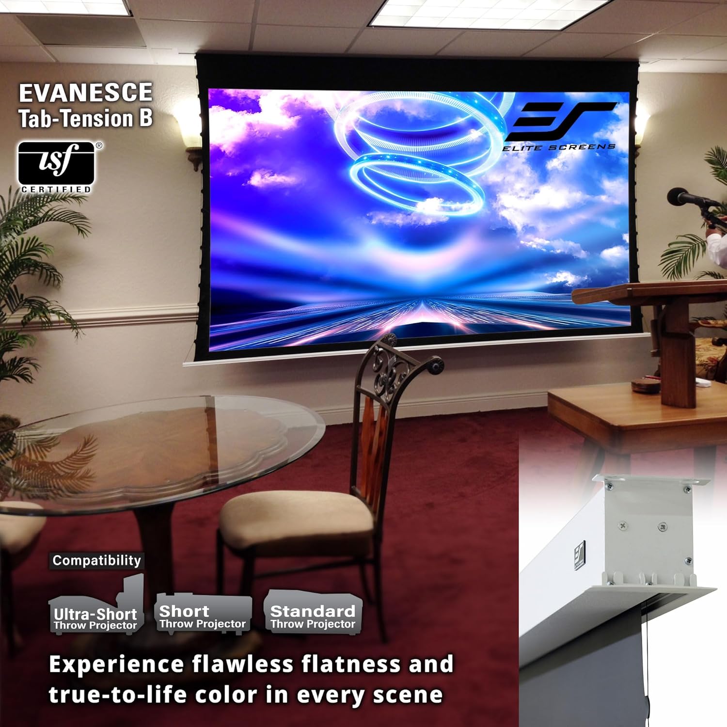 Elite Screens Evanesce Tab-Tension B, 92-inch 16:9, 4K / 8K HD, Recessed in-Ceiling Electric Tab Tensioned Projector Screen, Matte White Projection Screen Surface Programmed Remote Kit, ETB92HW3-E12