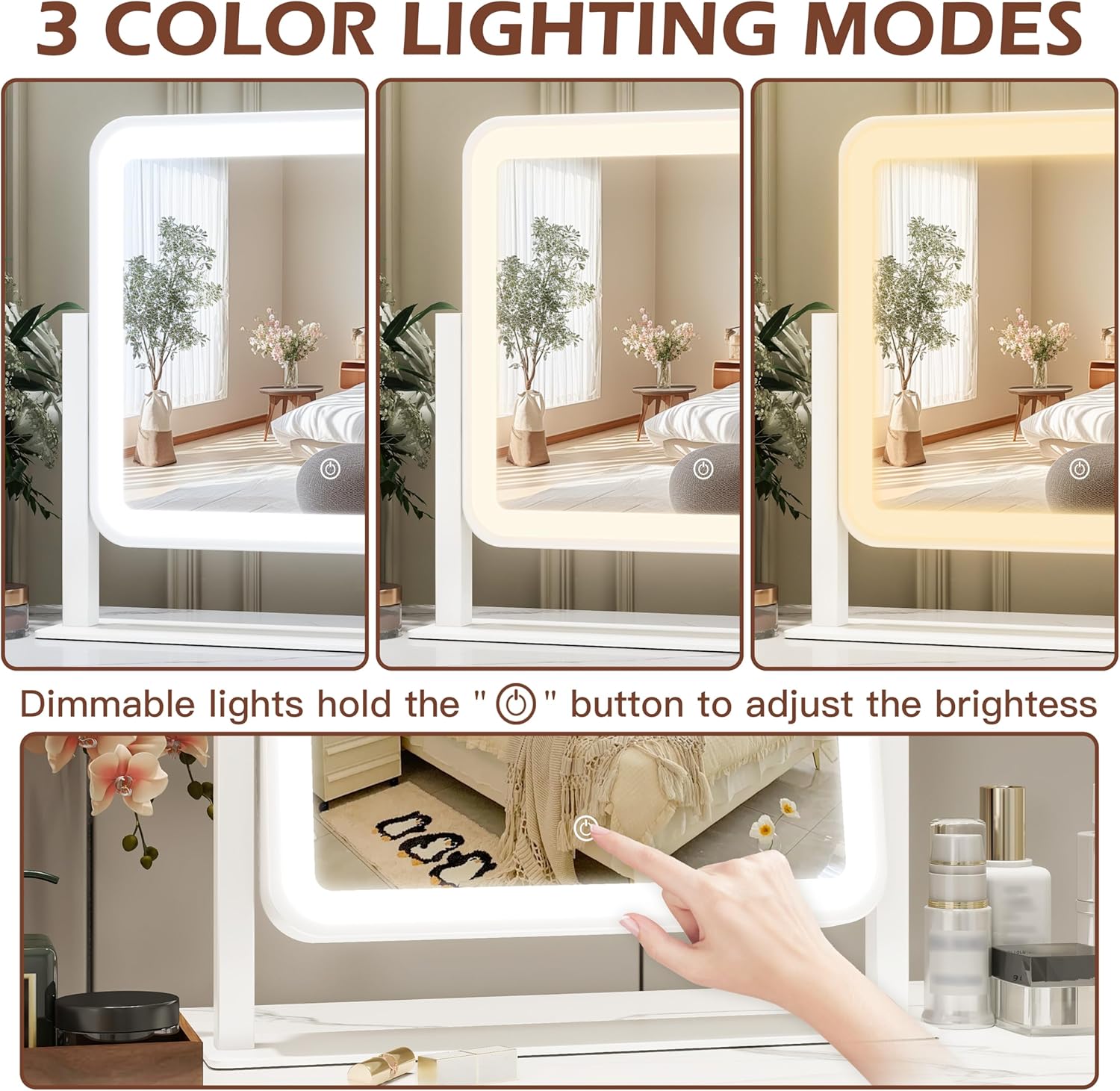 FENNIO Vanity Mirror with Lights 14"×12" Makeup Mirror with Lights,Lighted Vanity Mirror Tabletop,Smart Touch with 3-Color Lighting,Dimmable,for Vanity Desk Tabletop
