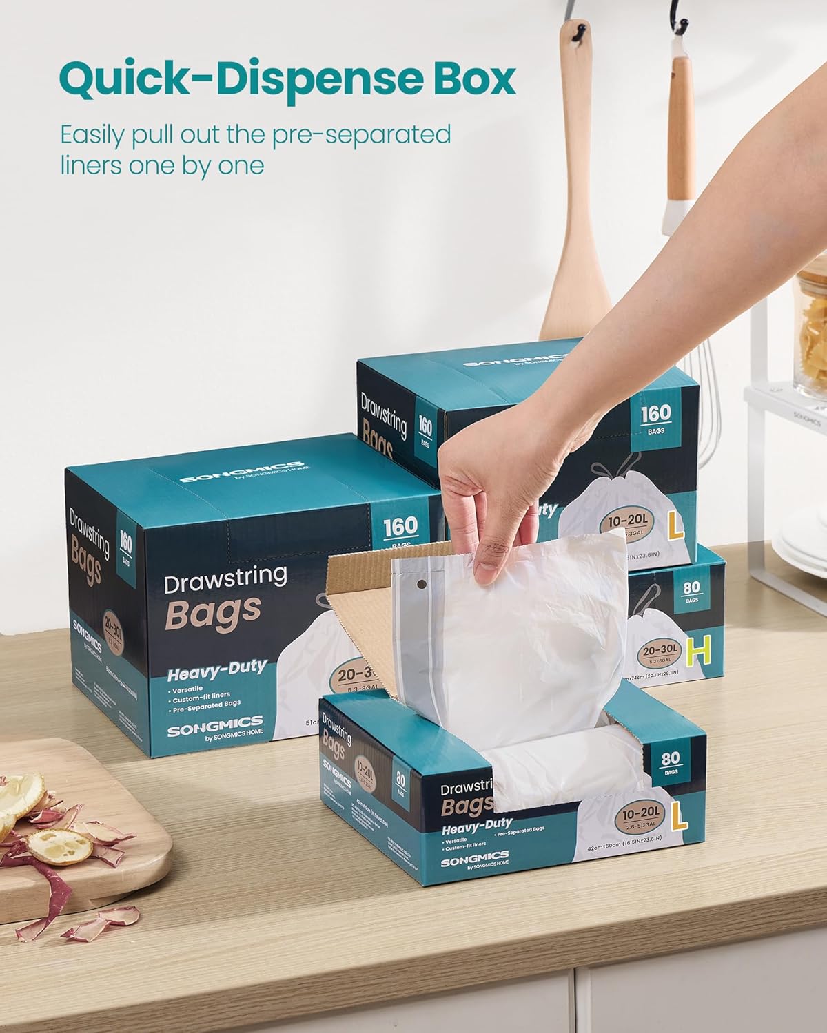 SONGMICS Trash Bags for 5.3 Gallon (20 L) Trash Cans, Drawstring Kitchen Garbage Bags, Pre-Separated, Quick-Dispense Box, Liner Code L, 2 Rolls, 80 Count, White UKRB021A02
