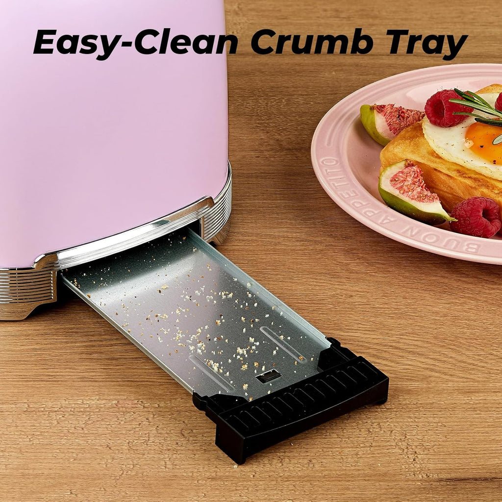 Toaster 2 Slice Retro Stainless Steel with 1.5” Extra Wide Slots Bagel, Defrost, Reheat, Cancel Functions, 6 Bread Shade Settings, Removable Crumb Tray, Pastel Pink