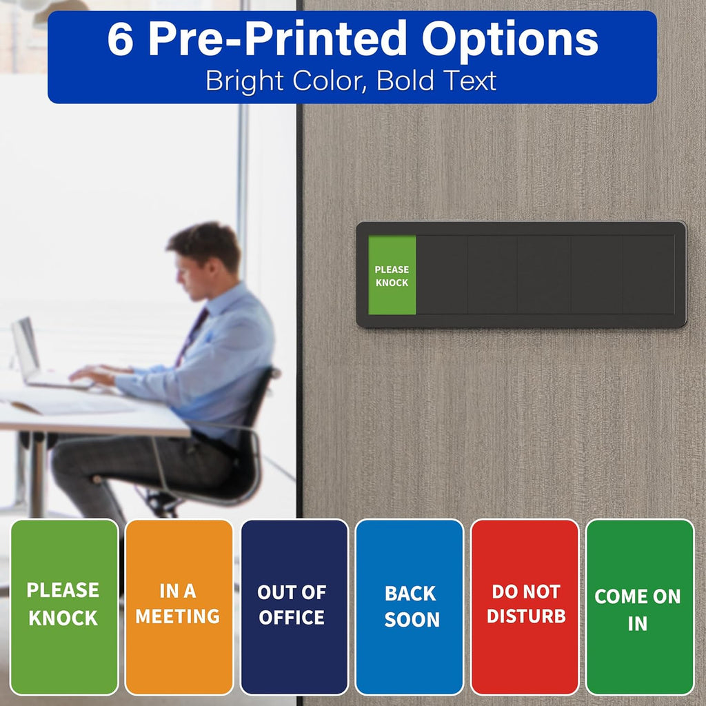 Office Door Signs with 6 Printed Status Options – Do Not Disturb, Out of Office, In a Meeting, Please Knock, Back Soon, Come on in – Includes Custom Personalized Blank Sticker for Privacy Workspace or Studio Available and Away