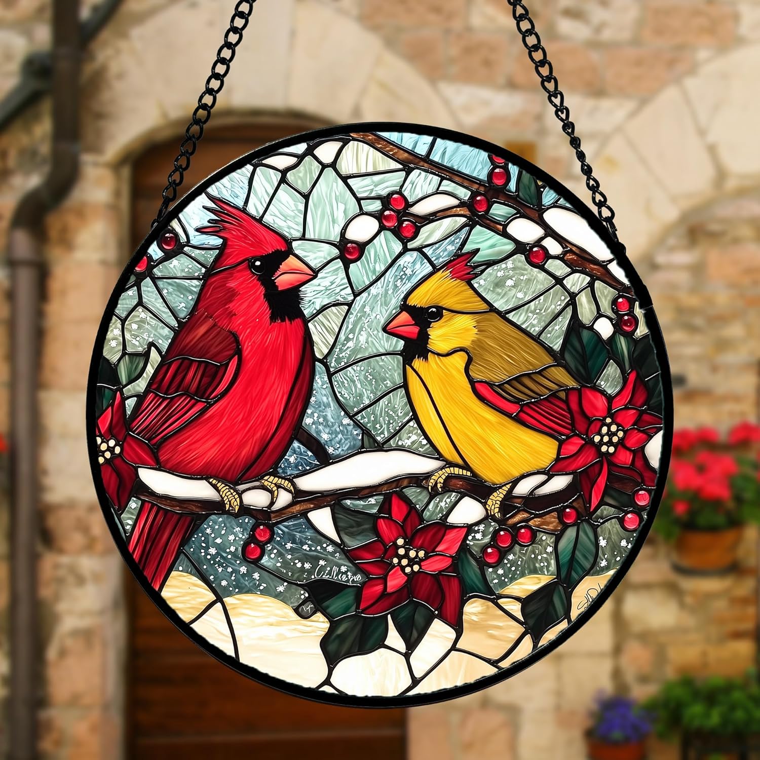 Stained Glass Window Hanging, Love Birds Cardinals Sun Catchers Colorful Glass Panel Birds Suncatcher Decor for Birthday for Women, Men, Wife, Lovers, and Mom 6.3 in
