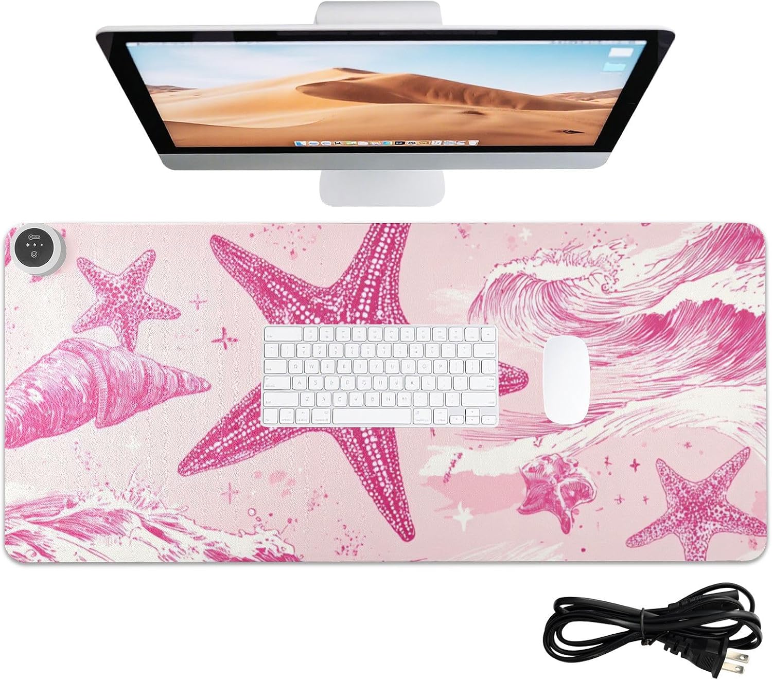 Heated Desk Pad Mouse Pad 31.5x13 Inch PU Leather Desk Mat with 3 Heat Levels Large Mouse Gaming Computer Laptop Mat Bright Pink Starfish Waves Shells