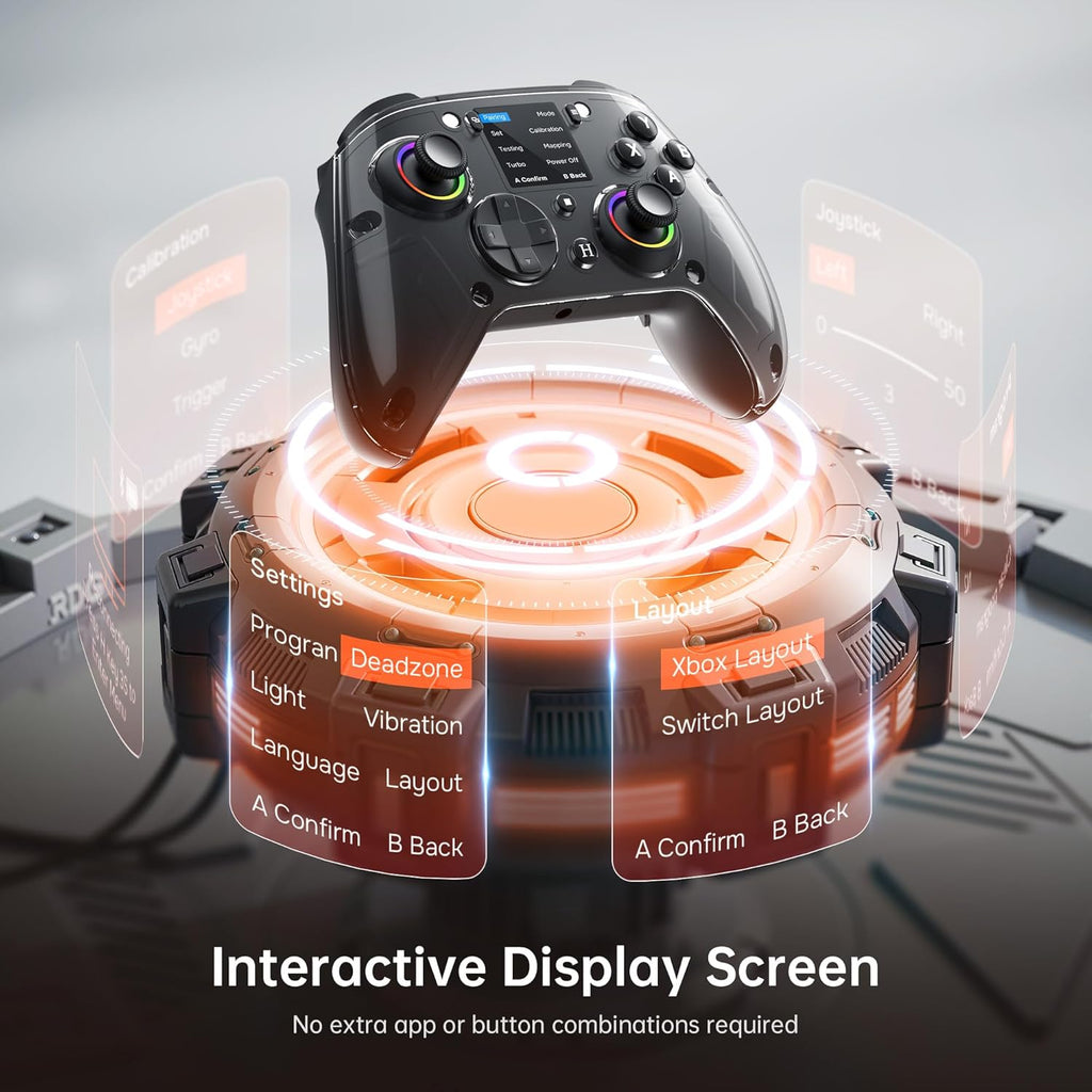 GUSGU G7 Wireless Gaming Controller with Interactive Screen, 1000Hz Polling Rate, Hall Joysticks & Triggers, 4 Programmable Buttons, Compatible with PC, Switch1, PS4, iOS, Android, Black