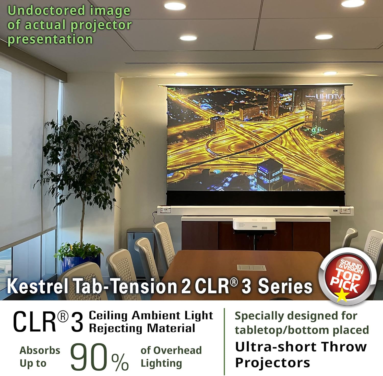 Elite Screens Kestrel Tab-Tension 2 CLR3, 121" 16:9, Ultra-Short Throw Ceiling Ambient Light Rejecting (CLR/ALR) Electric Floor-Rising Motorized Front Projector Screen, Black Casing, FTE121UH3-CLR3