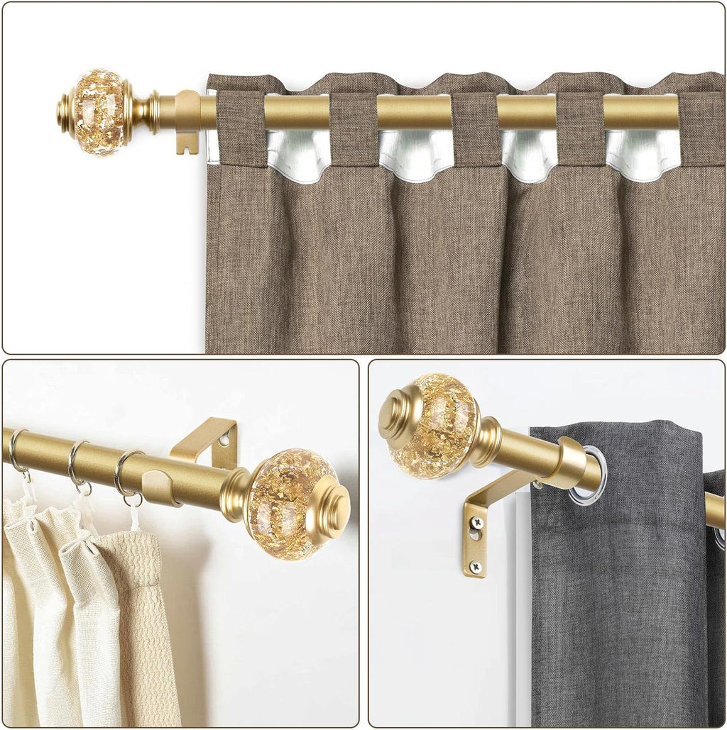 1 Inch Gold Curtain Rods for Windows 140 to 195 Inches (6 to 12 ft), USFOOK Telescoping Single Drapery Rod, Decorative Curtain Rod with Luxury Translucent Finials