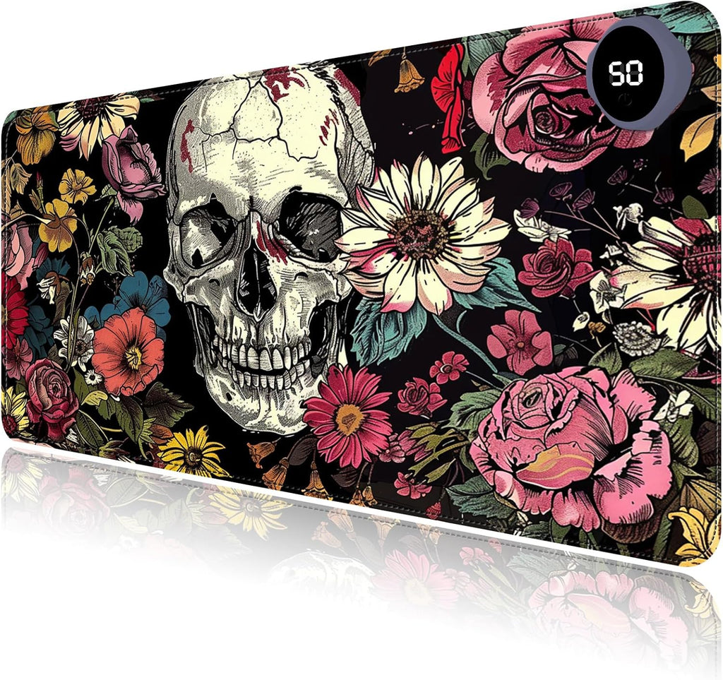 Heated Mouse Pad with 3 Levels Heated & 3 Hours Auto Shut-Off Mouse Pad for Warming Hands in Office Home, 23.6" x 14.2"Large Safe Desk Mat Hand Warmer，Skull in Flowers
