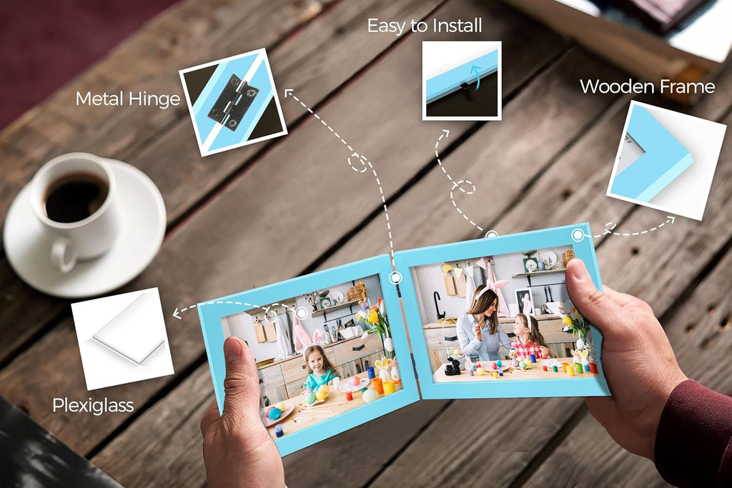 Double 5x7 Horizontal Combo, Soft-Blue Wood Picture Frame, 4.5x6.5 Opening Foldable Landscape View Photo Frame on Table-top or Wall