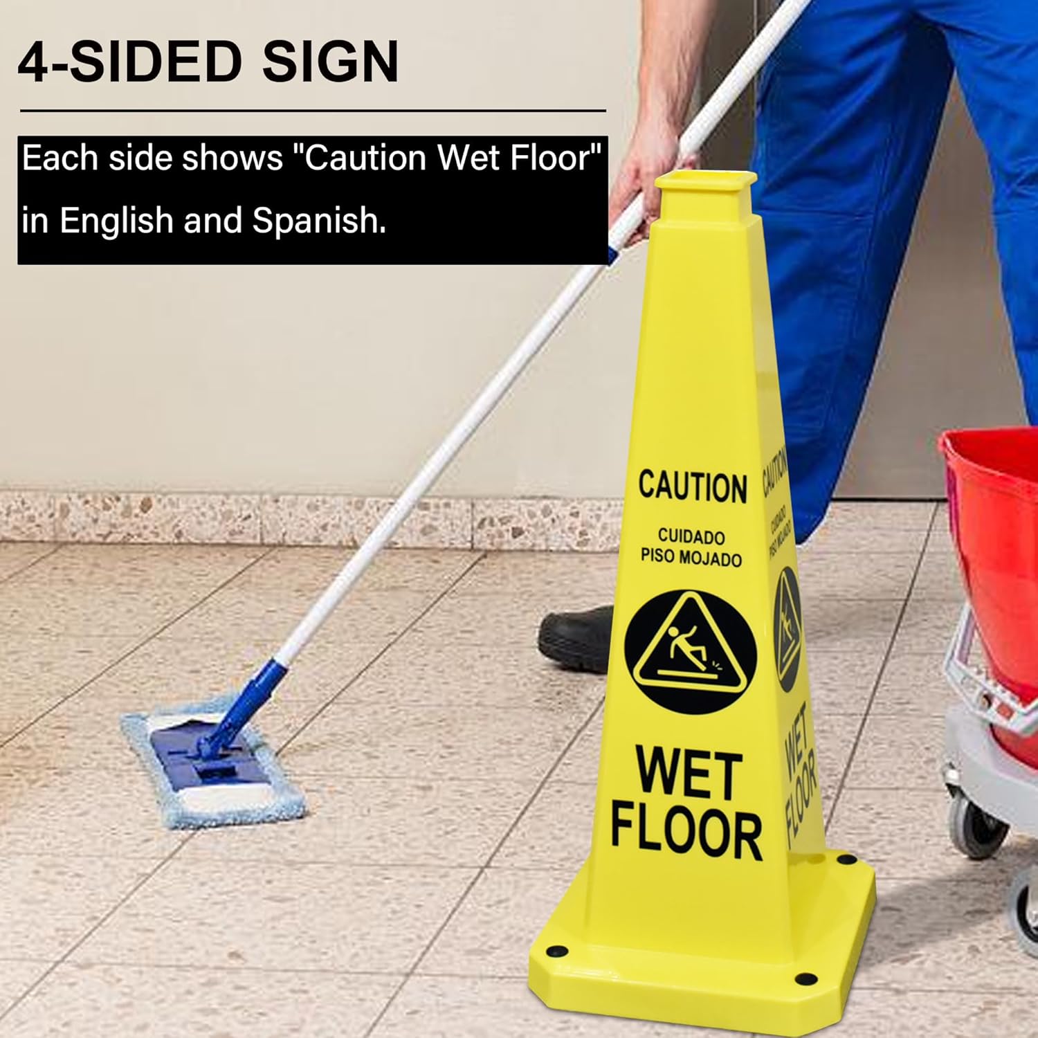 OrangeStar 6-Pack 28" Wet Floor Caution Cones, Yellow 4-Sided Bilingual Warning Message Safety Traffic Cones with Heavy Rubber Base for Indoor/Outdoor Use