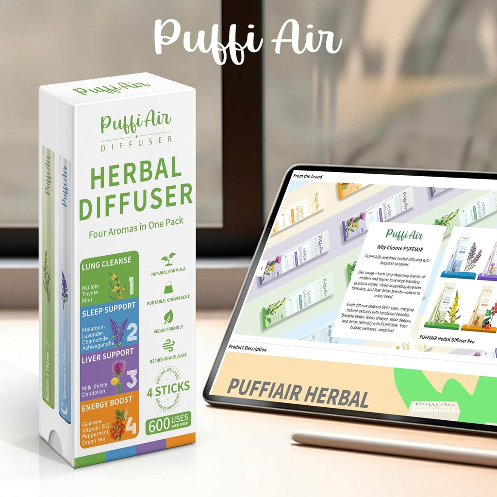 PUFFIAIR Complete Harmony Quad Herbal Diffuser Pen Set | Energy Calm Reset Blends | Green Purple Orange Blue | 4 Count