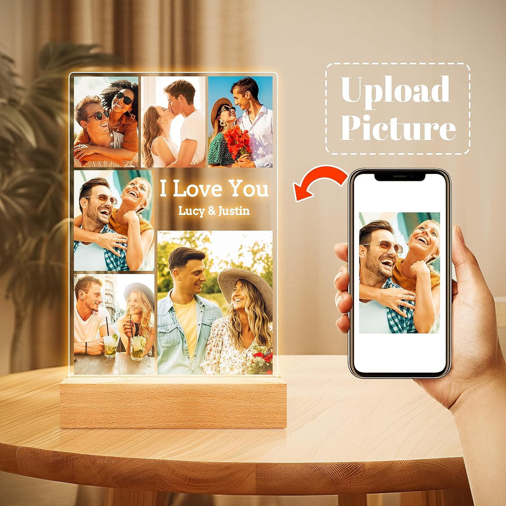 Custom Picture Frames with Photo, Personalized Photo Frame with Night Light, Customized Picture Frame, Personalized Anniversary Valentines Day Gifts for Women Men Her Him Girlfriend Boyfriend Couple