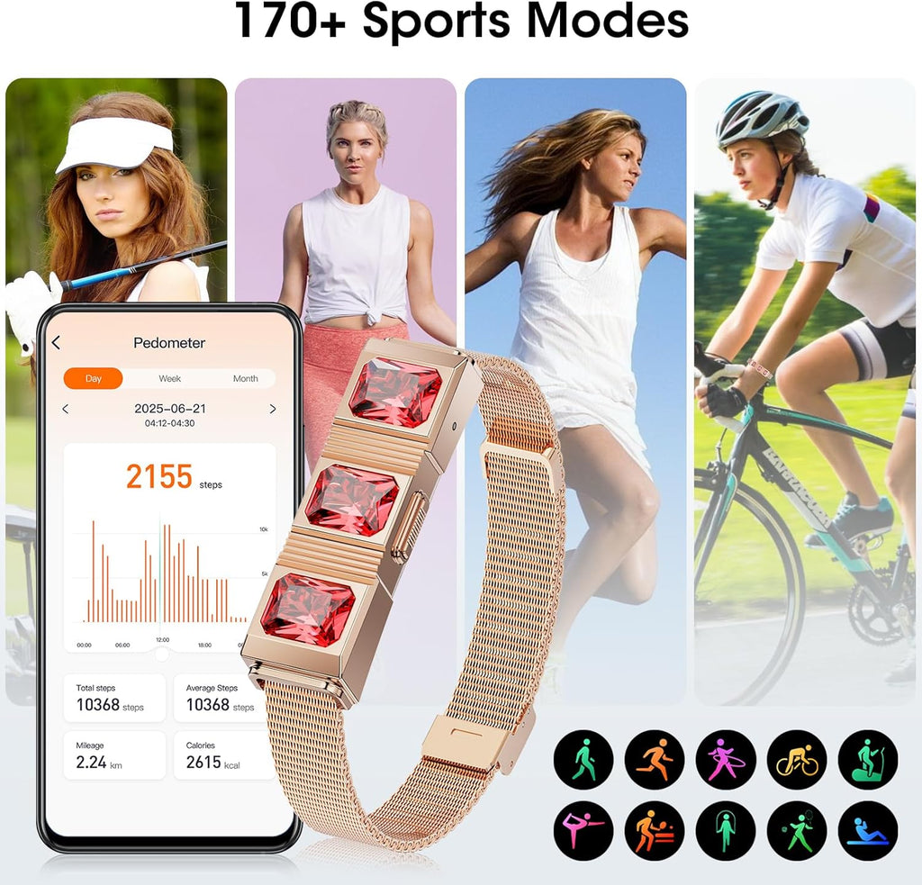 Mingtawn Women's Smart Bracelet with 2 Bands, Health Fitness Tracker, 24/7 Heart Rate/Blood Oxygen/HRV/Sleep Monitor, Fashion Ruby Wristband with Message/Call Reminder Free Subscription (Rose Gold)