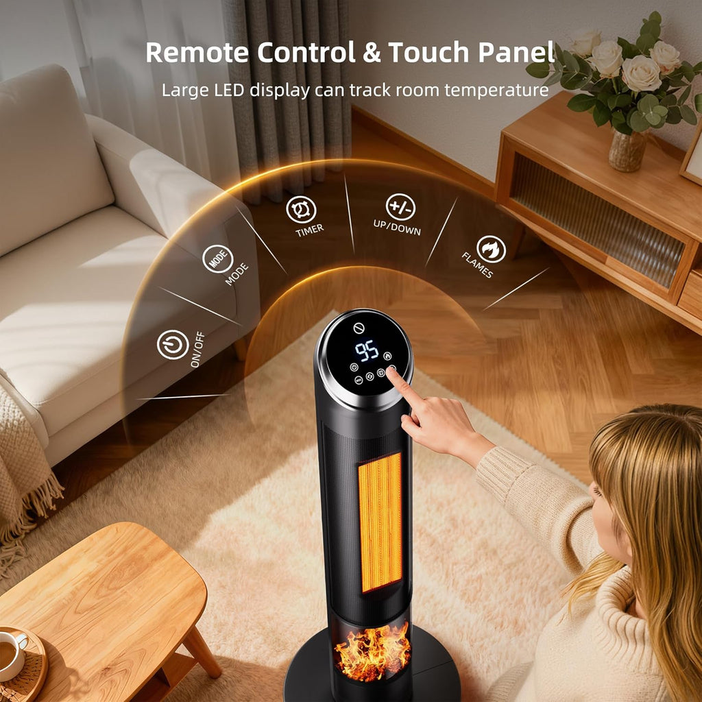 AKIRES 38IN Space Heater Large Room,1500w Space Heater For Indoor Use,120°Oscillating Tower Heater With Thermostat,Remote Control,Overheat & Tip-Over Protection,24H Timer For Large Rooms Matte Black