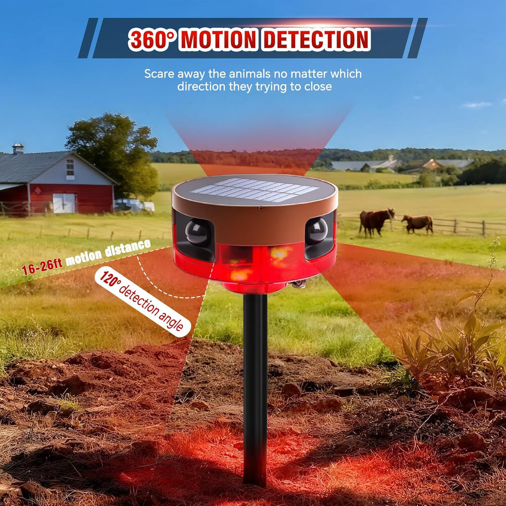 Solar Outdoor Motion Sensor Alarm-Dog Barking or Gunshot Sound, 130dB Noise, 13 Sounds & 360° Motion Detector Alarm Support Recording, with Remote Controller for Home, Villa,Yard,Chicken coop
