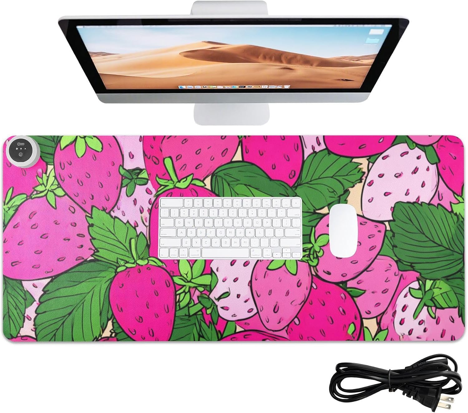Heated Desk Pad Mouse Pad 31.5x13 Inch PU Leather Desk Mat with 3 Heat Levels Large Mouse Gaming Computer Laptop Mat Pink Cute Strawberries
