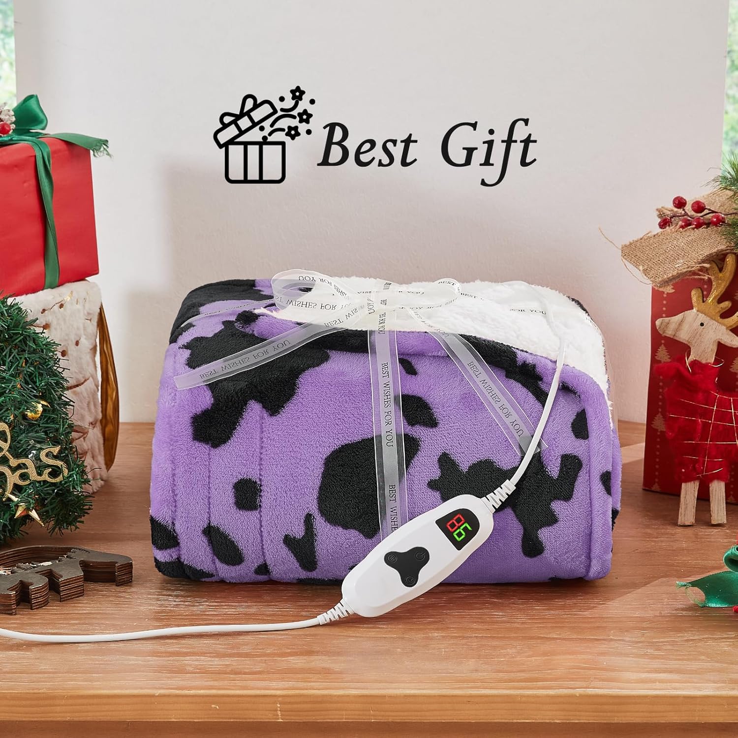 Cow Print Electric Heated Blanket King Size,90X100 Purple Heating Blanket King With Dual Control&Timer&10 Heat Levels,Highland Cow Decor Fleece Sherpa Blankets Warmer Gifts for Bed Women Adults