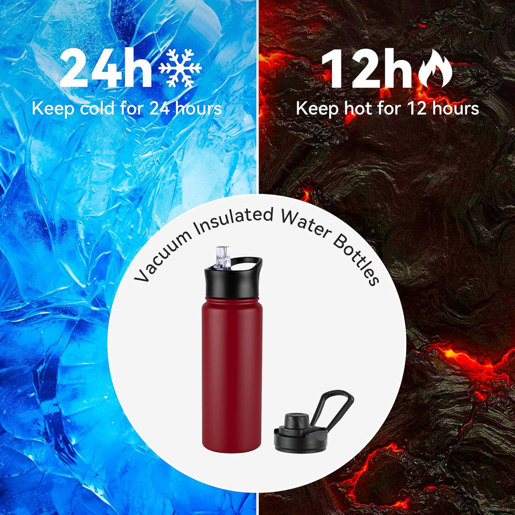 24oz Insulated Water Bottle with Straw Lid, Stainless Steel Metal Water Bottle with Straw & Wide Mouth Lid, Double Wall Vacuum Water Bottle for Hiking Camping, Red 8 Pack